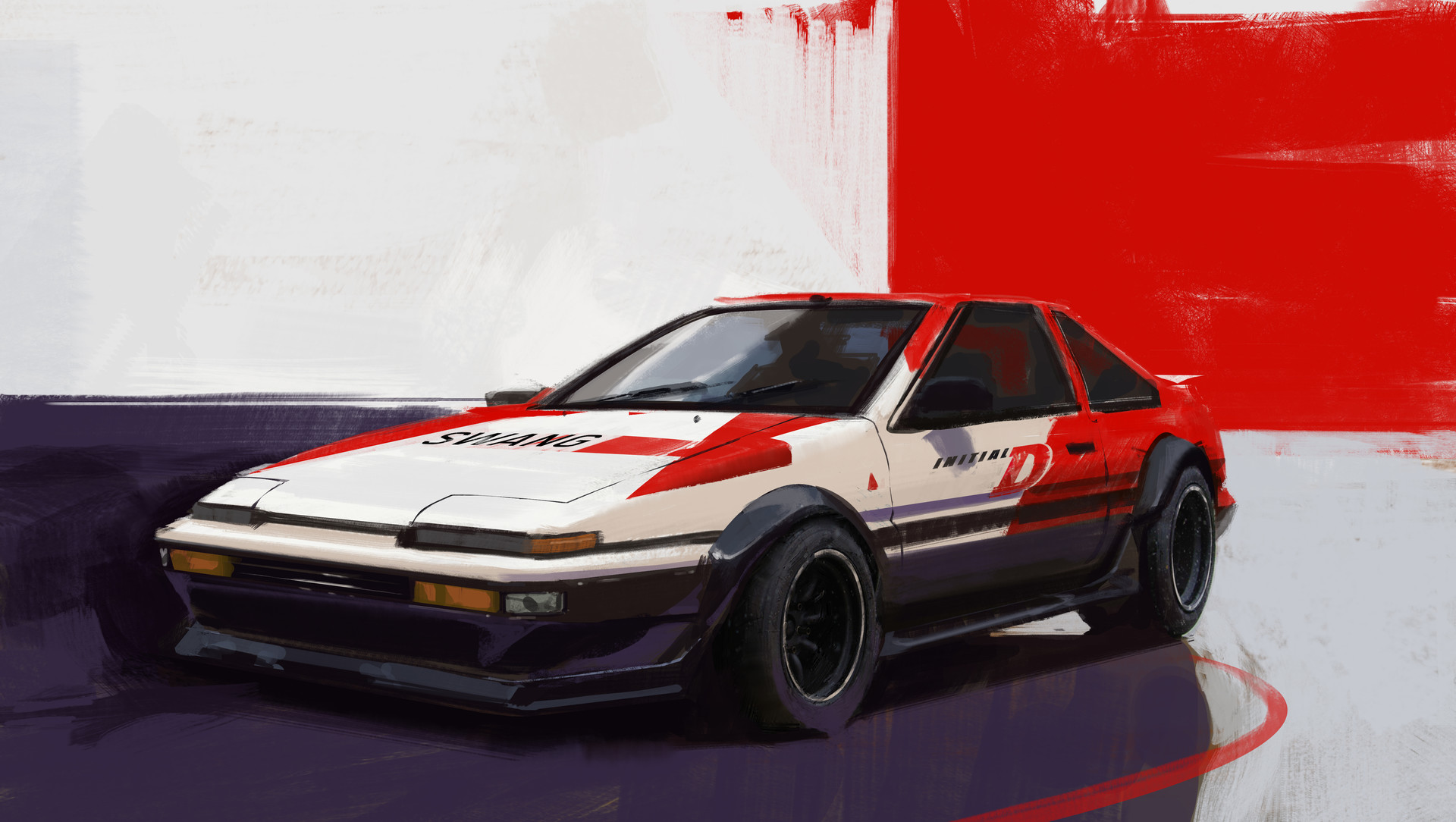 General 1920x1084 Initial D car concept art Toyota AE86 purple red frontal view pop-up headlights sketches Japanese cars