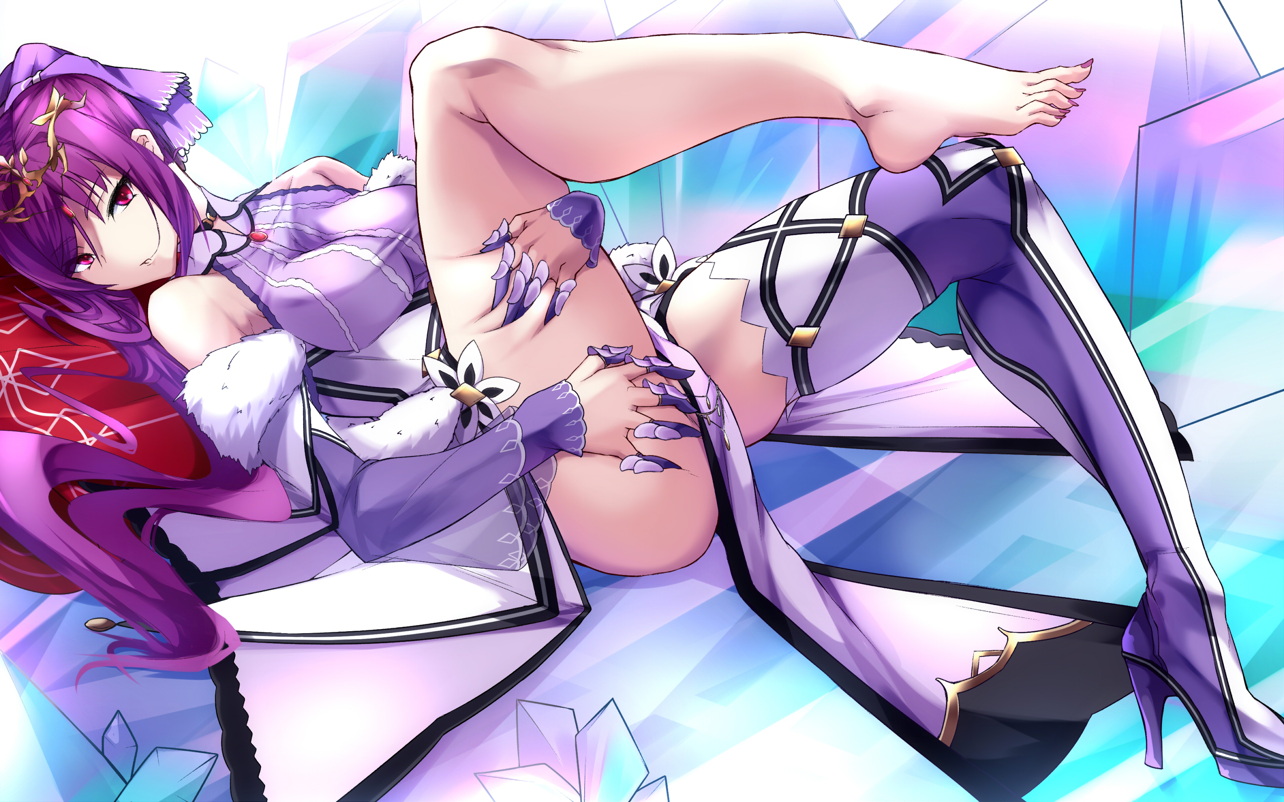 Anime 2600x1625 Fate/Grand Order Scathach barefoot boots dress headdress thigh-highs nopan red eyes purple hair missing sock Fate series Scathach Skadi