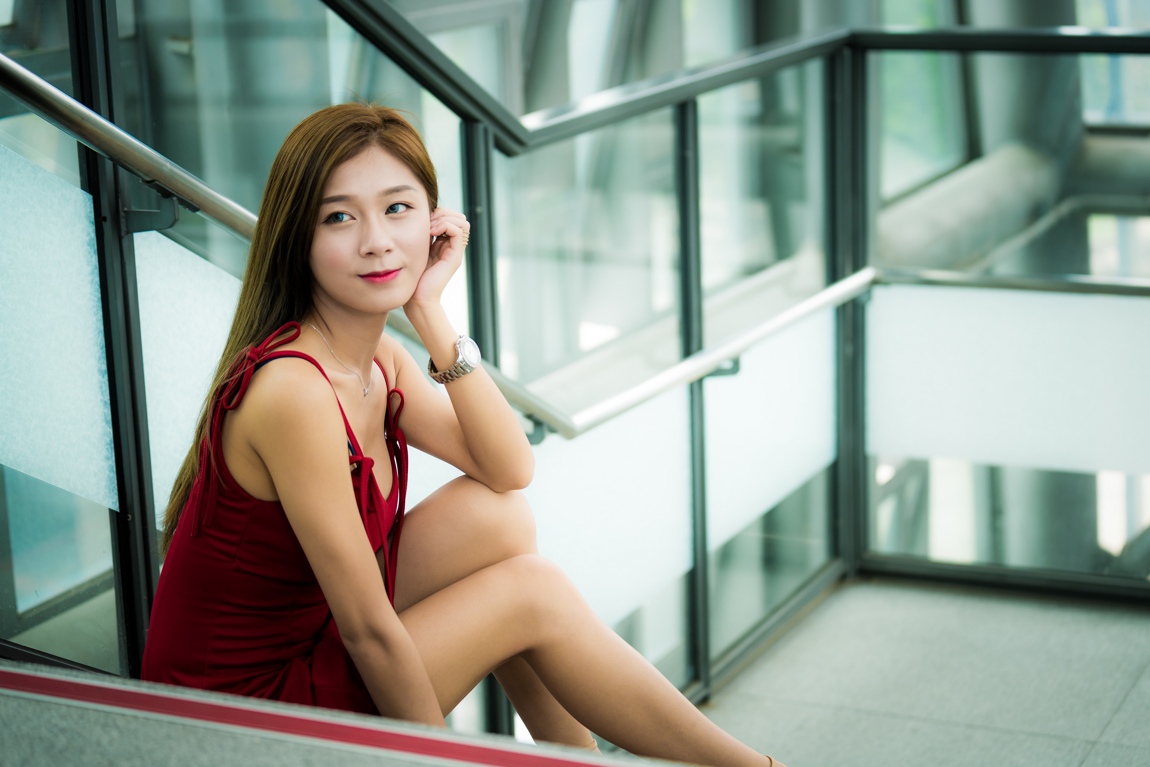 People 4500x3001 Asian women model brunette stairs sitting looking away watch dress railing portrait smiling