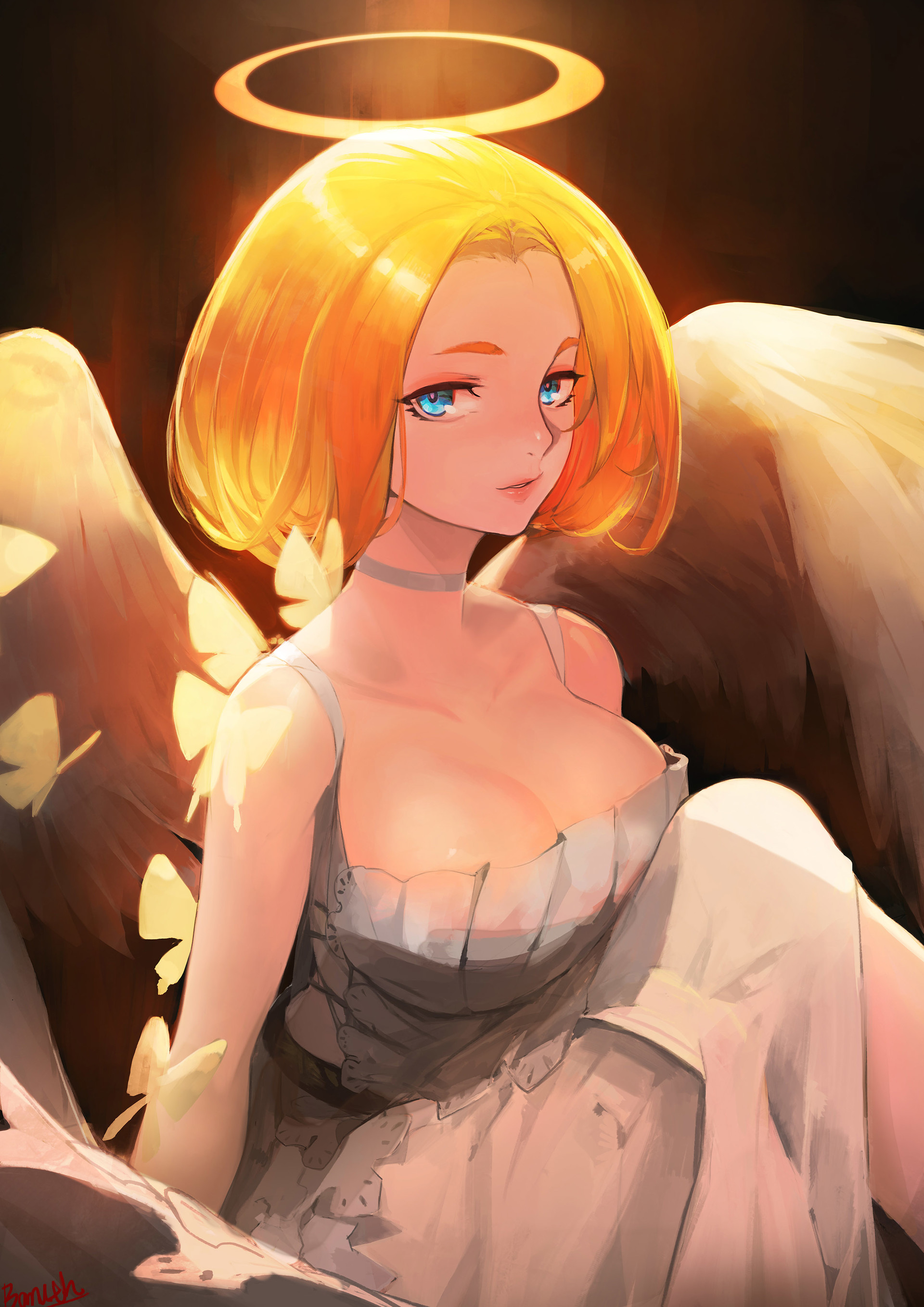 General 1920x2716 fantasy art angel cleavage blonde halo short hair blue eyes anime girls
