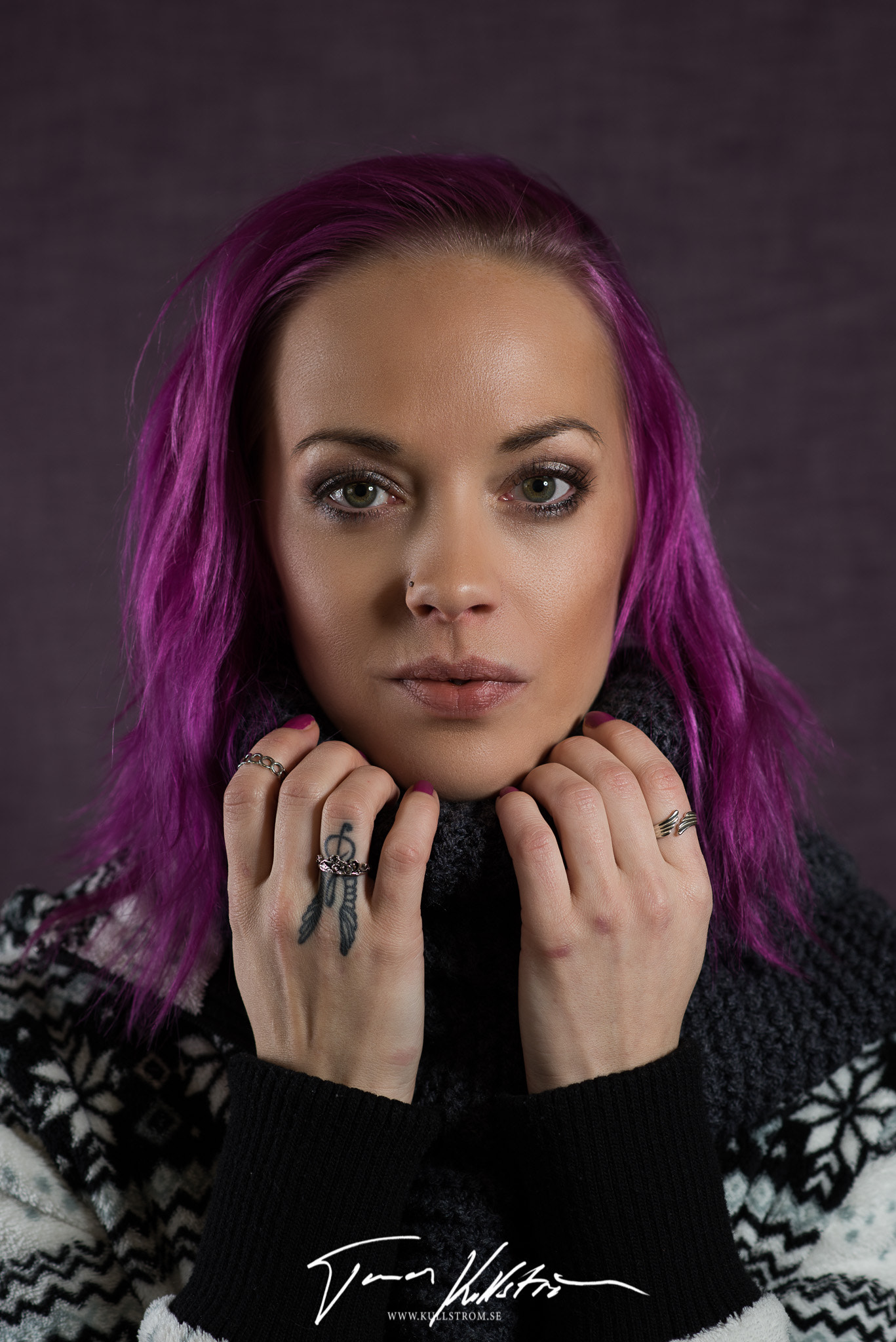 People 1367x2048 women model sweater tattoo purple hair looking at viewer 500px green eyes rings pierced nose