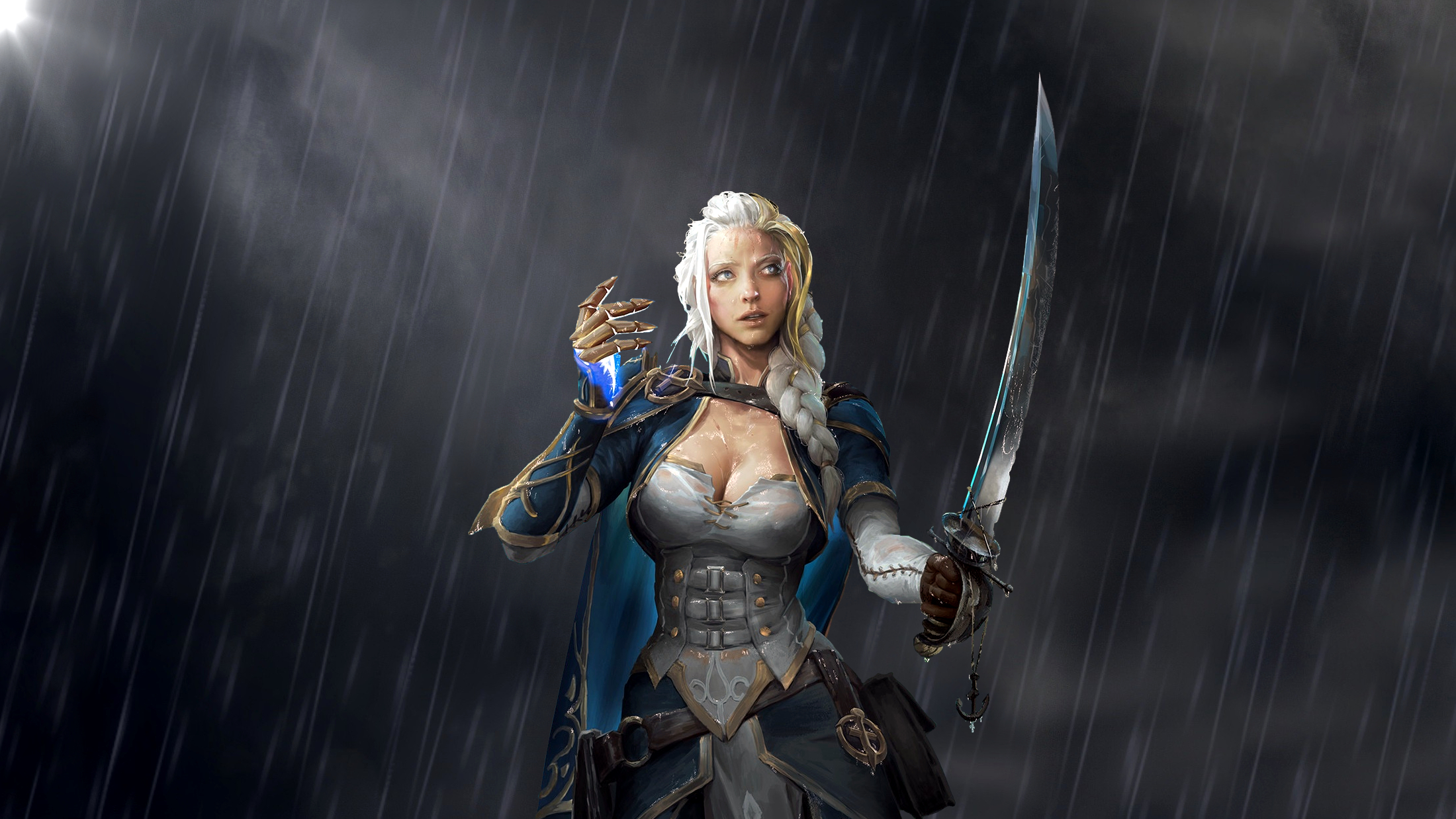 General 2200x1238 World of Warcraft Jaina Proudmoore rain wet Saber Sword sword pirate girl white hair video games video game characters video game girls Blizzard Entertainment