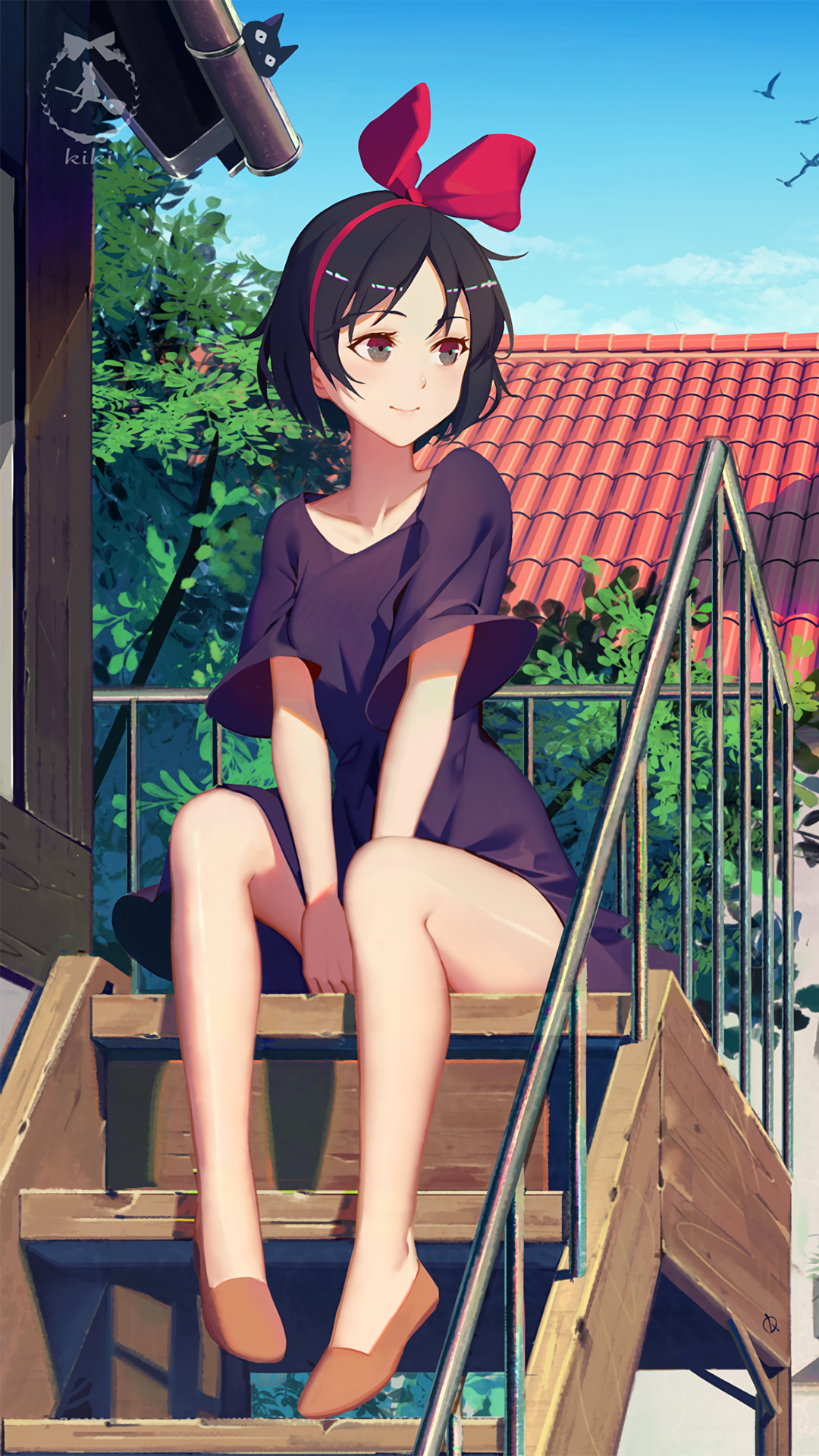 Anime 1080x1920 anime girls blue dress portrait display black hair red bow looking sideways birds short hair smiling sitting stairs shoes trees fringe hair hand(s) between legs
