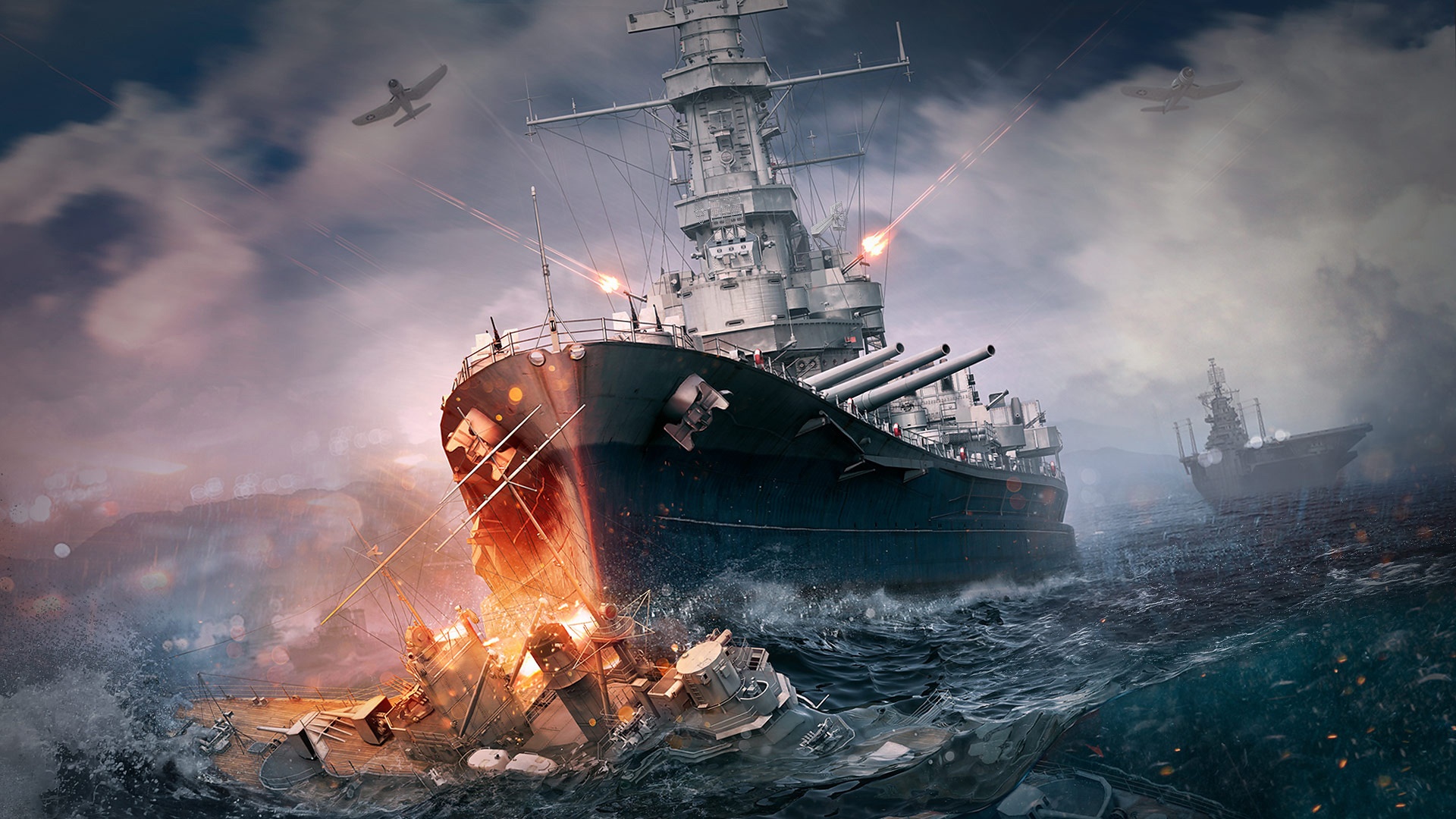 General 1920x1080 World of Warships  video games ship aircraft storm sea water weapon airplane battle