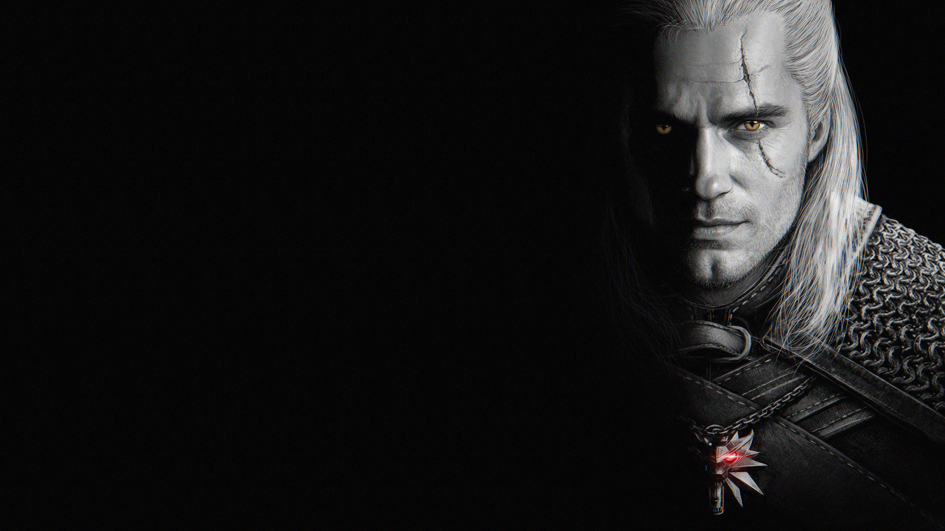 General 3840x2160 Henry Cavill Geralt of Rivia The Witcher selective coloring face looking at viewer eyes white hair actor simple background black background scars yellow eyes red eyes glowing eyes armor book characters