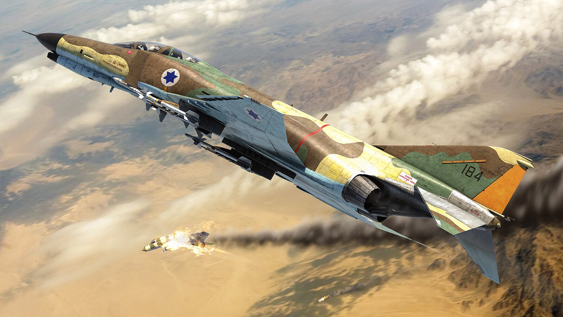 General 1920x1080 aircraft artwork military military aircraft vehicle McDonnell Douglas F-4 Phantom II military vehicle numbers Israel Defense Forces jet fighter Israeli Air Force dogfight digital art Boxart burning fire