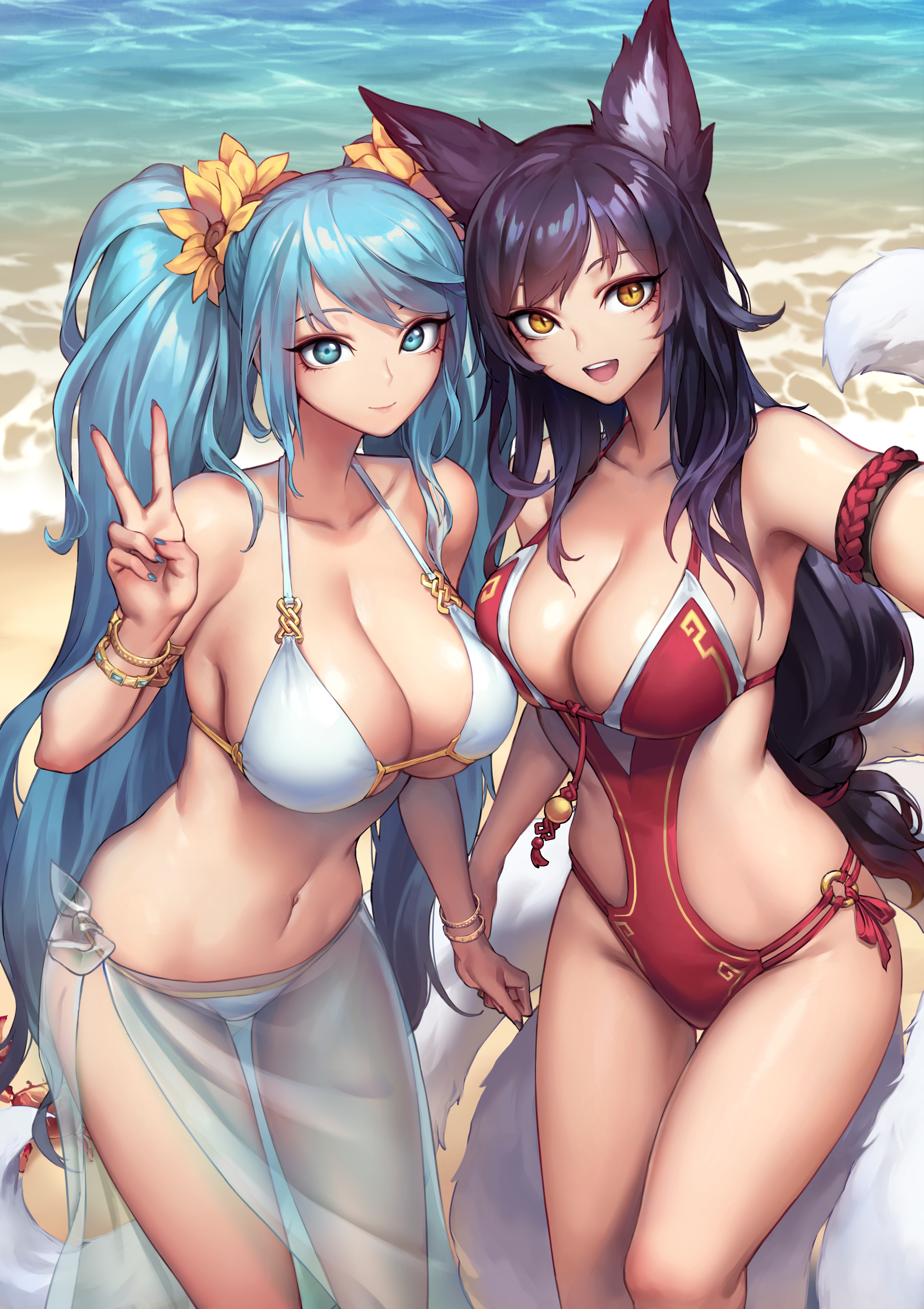 Anime 3010x4264 anime girls beach bikini League of Legends Ahri (League of Legends) Sona (League of Legends) Oopartz Yang