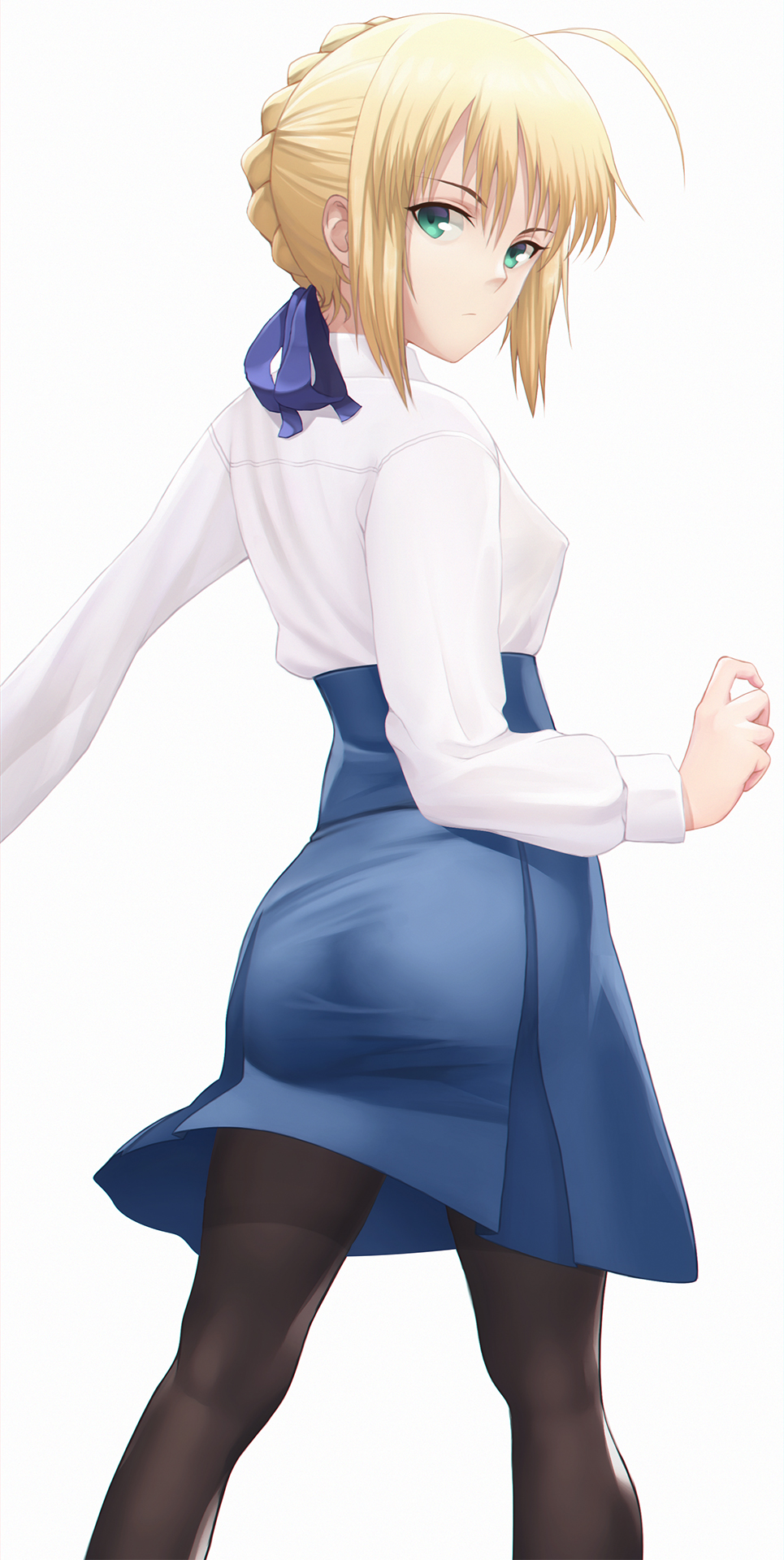 Anime 965x1920 Fate series Fate/Stay Night anime girls small boobs green eyes Saber pantyhose looking at viewer fan art 2D no bra blue skirt thighs looking back glutes ass curvy ahoge thick ass blonde Artoria Pendragon nipple bulge
