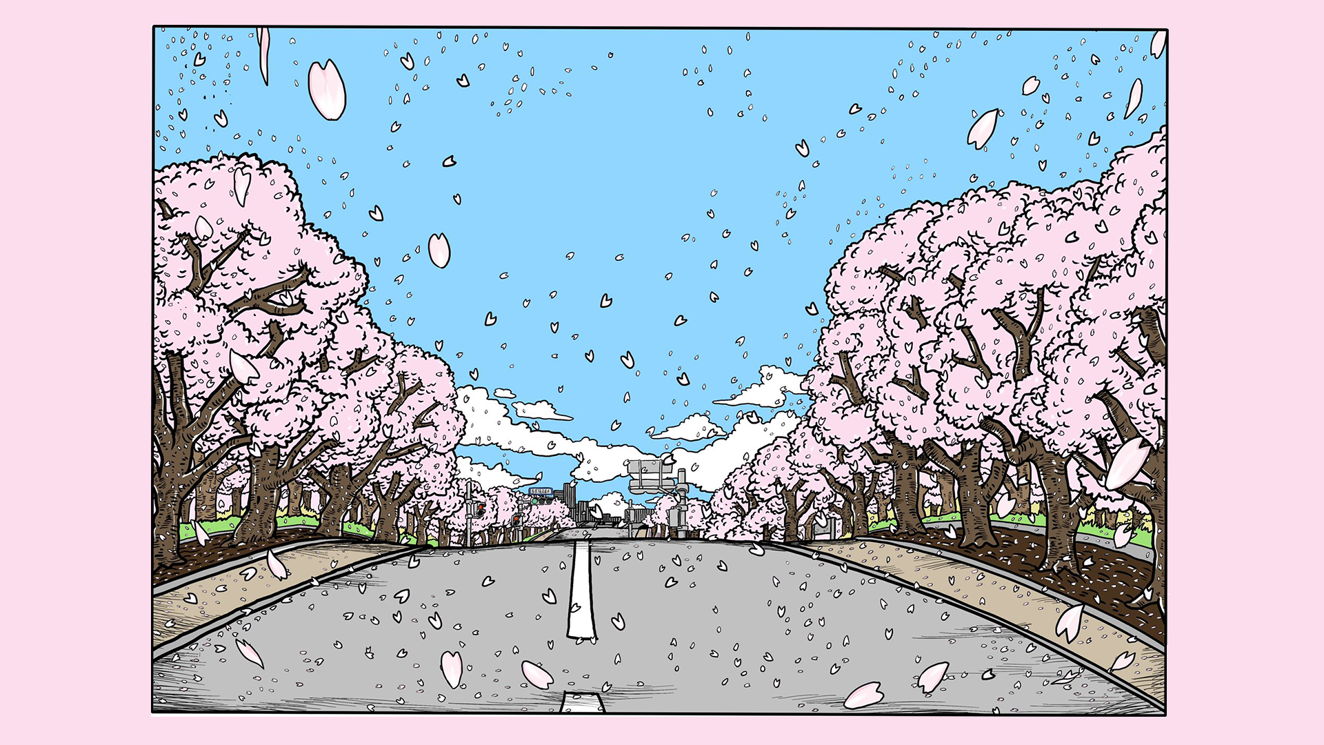 General 1920x1080 drawing road pink cherry blossom