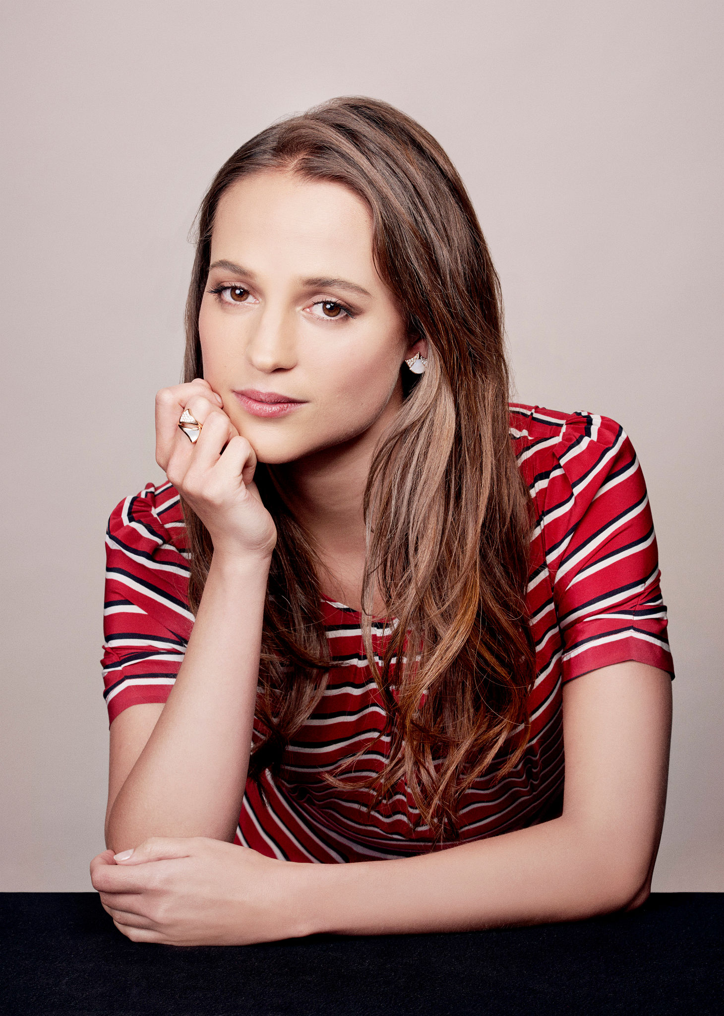 People 1460x2048 Alicia Vikander women actress brunette long hair Swedish simple background portrait face striped clothing looking at viewer women indoors indoors studio Swedish women