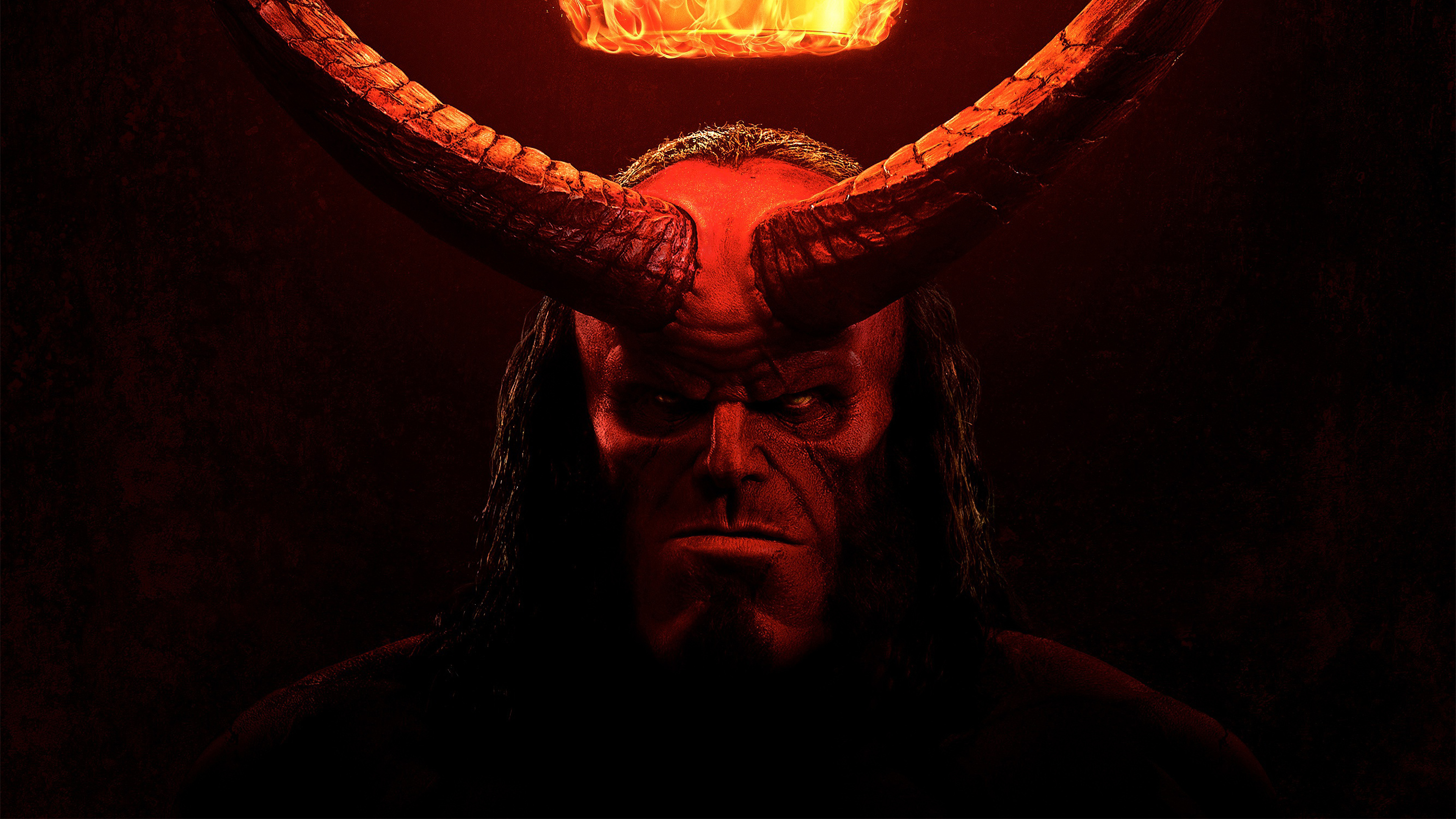 General 3840x2160 Hellboy dark face fire horns long hair frontal view comics low light digital art