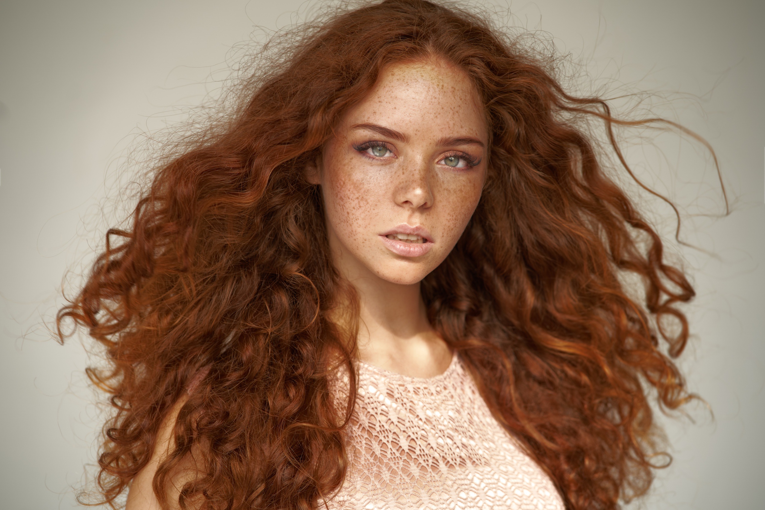 People 2560x1707 redhead portrait face long hair women model freckles Erica Postnikova Alexander Vinogradov women indoors indoors studio simple background