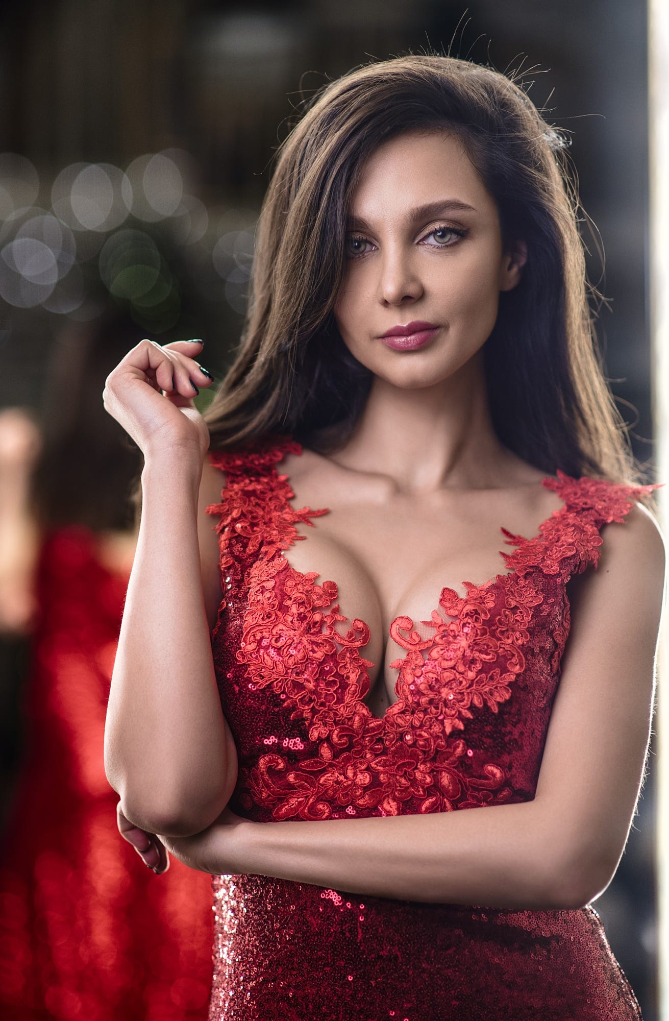 People 1311x2000 women brunette long hair straight hair makeup eyeliner looking at viewer lipstick painted nails dress red clothing cleavage frontal view