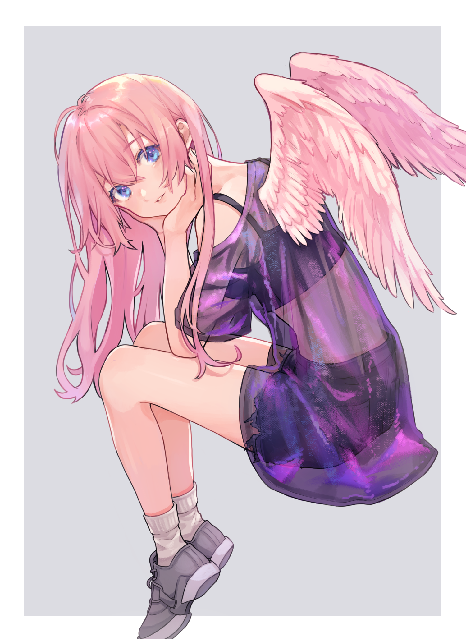 Anime 1500x2056 anime anime girls digital art artwork 2D portrait display pink hair blue eyes wings see-through clothing Saino short shorts crop top