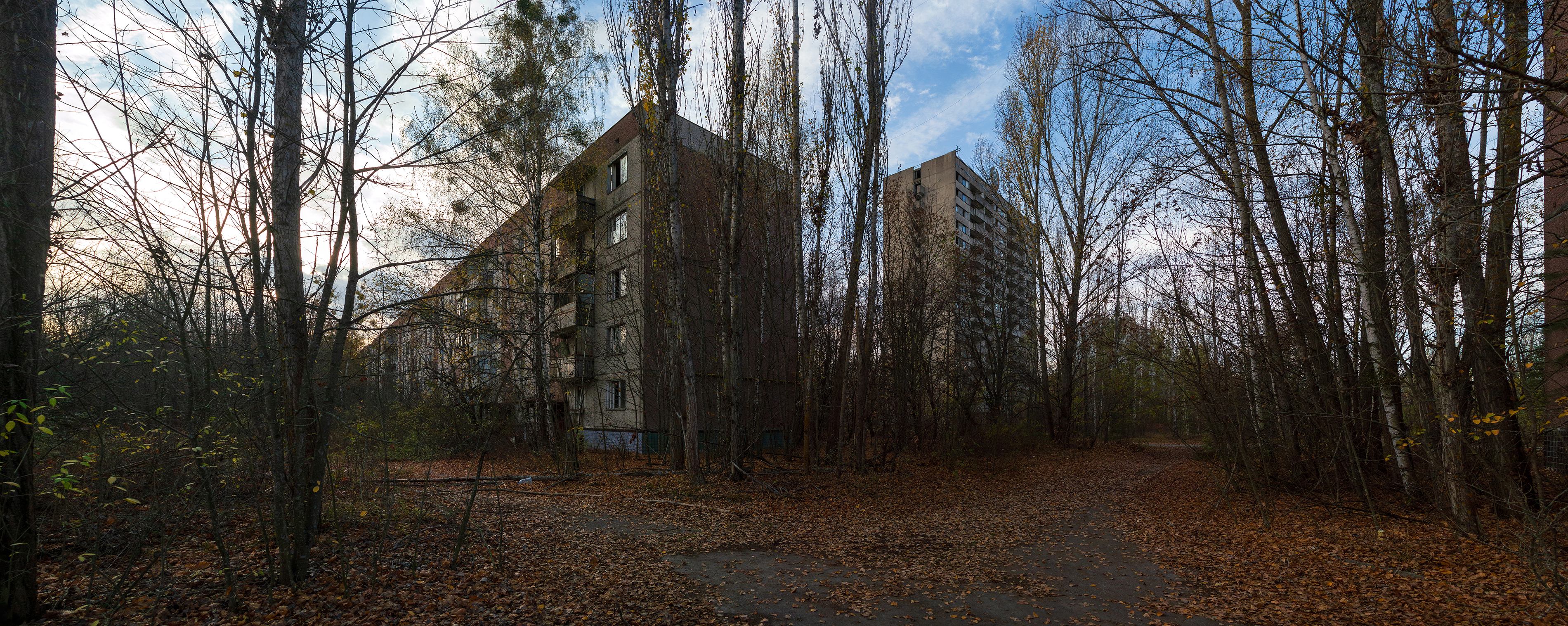 General 3800x1516 Pripyat Chernobyl landscape block of flats fallen leaves trees Ukraine