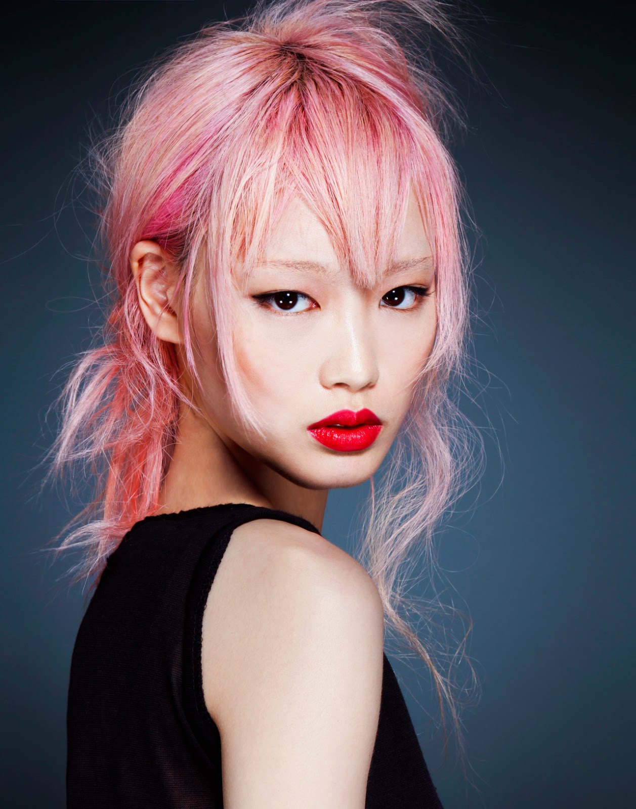 People 1257x1600 Fernanda Ly women model Asian pink hair simple background gradient red lipstick Chinese Chinese model looking at viewer pale