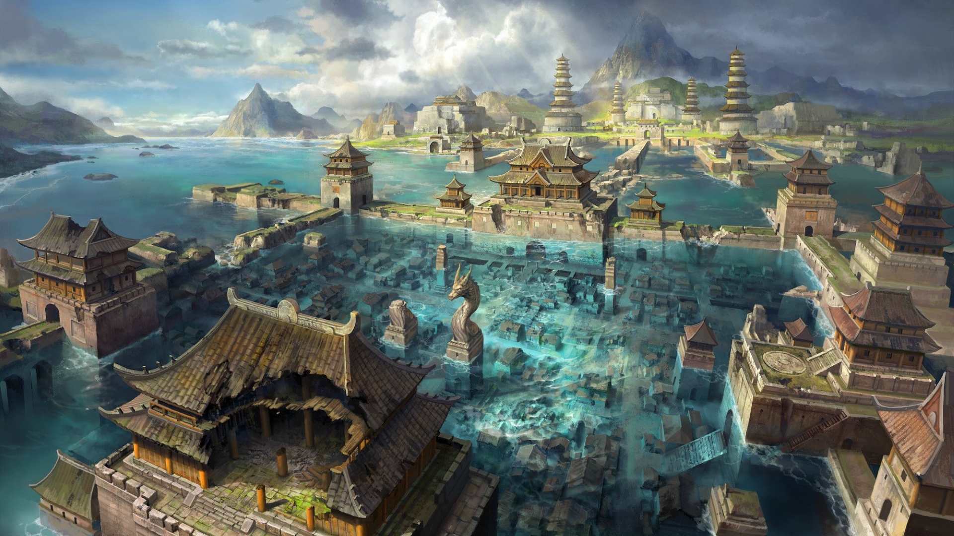 General 1920x1080 building ancient temple tower mountains ruins clouds rocks stairs wood hills sky dragon house underwater castle architecture sunlight broken gates bridge stronghold artwork Chinese architecture Chinese Asia Chinese dragon