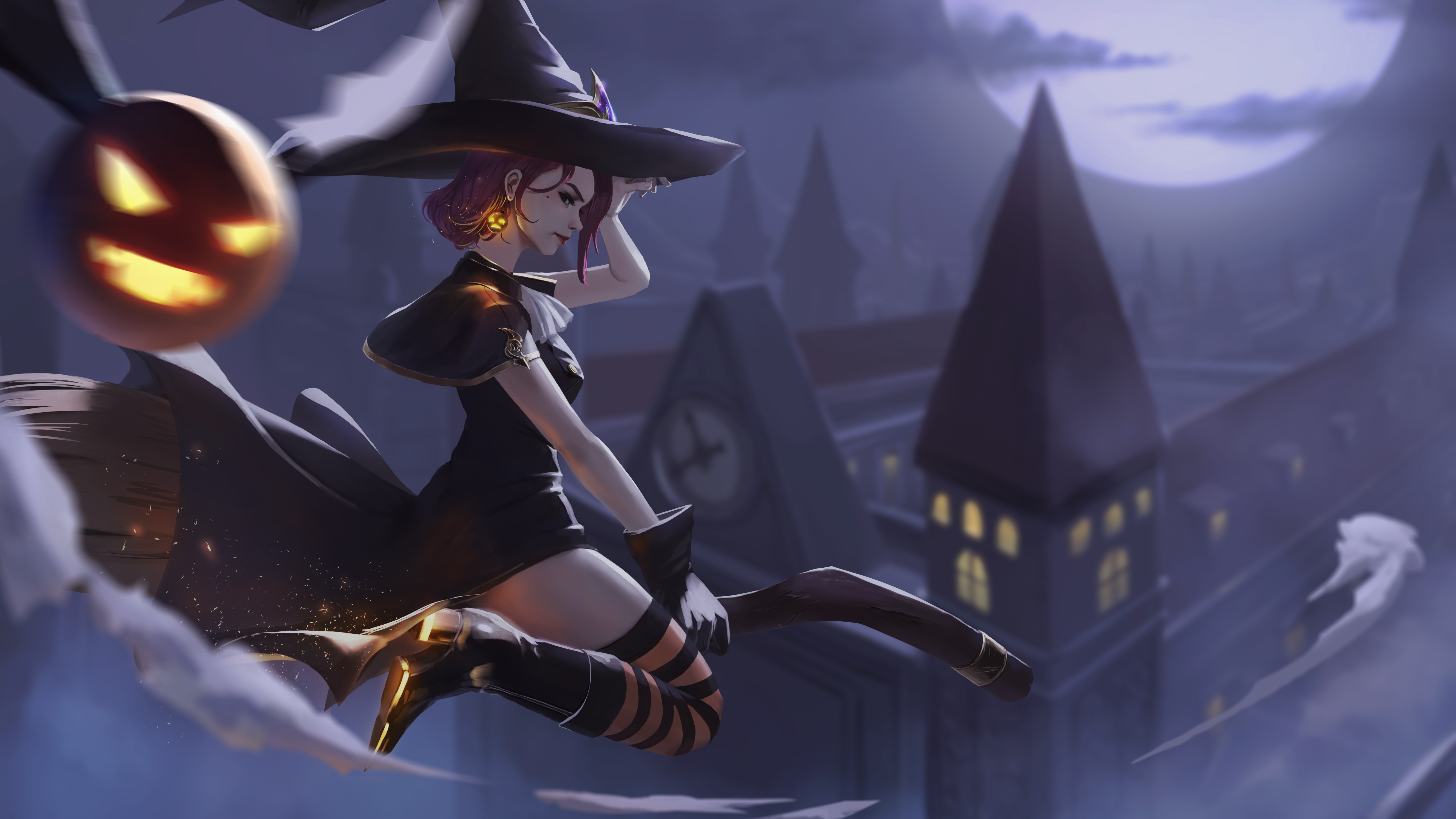 General 5760x3240 women fantasy girl witch witch hat women with hats fantasy art profile dress black dress thigh-highs striped stockings boots witch's broom depth of field bokeh flying moonlight night gloves purple hair Halloween original characters artwork drawing illustration digital art sparks Allen Hsieh full moon broom