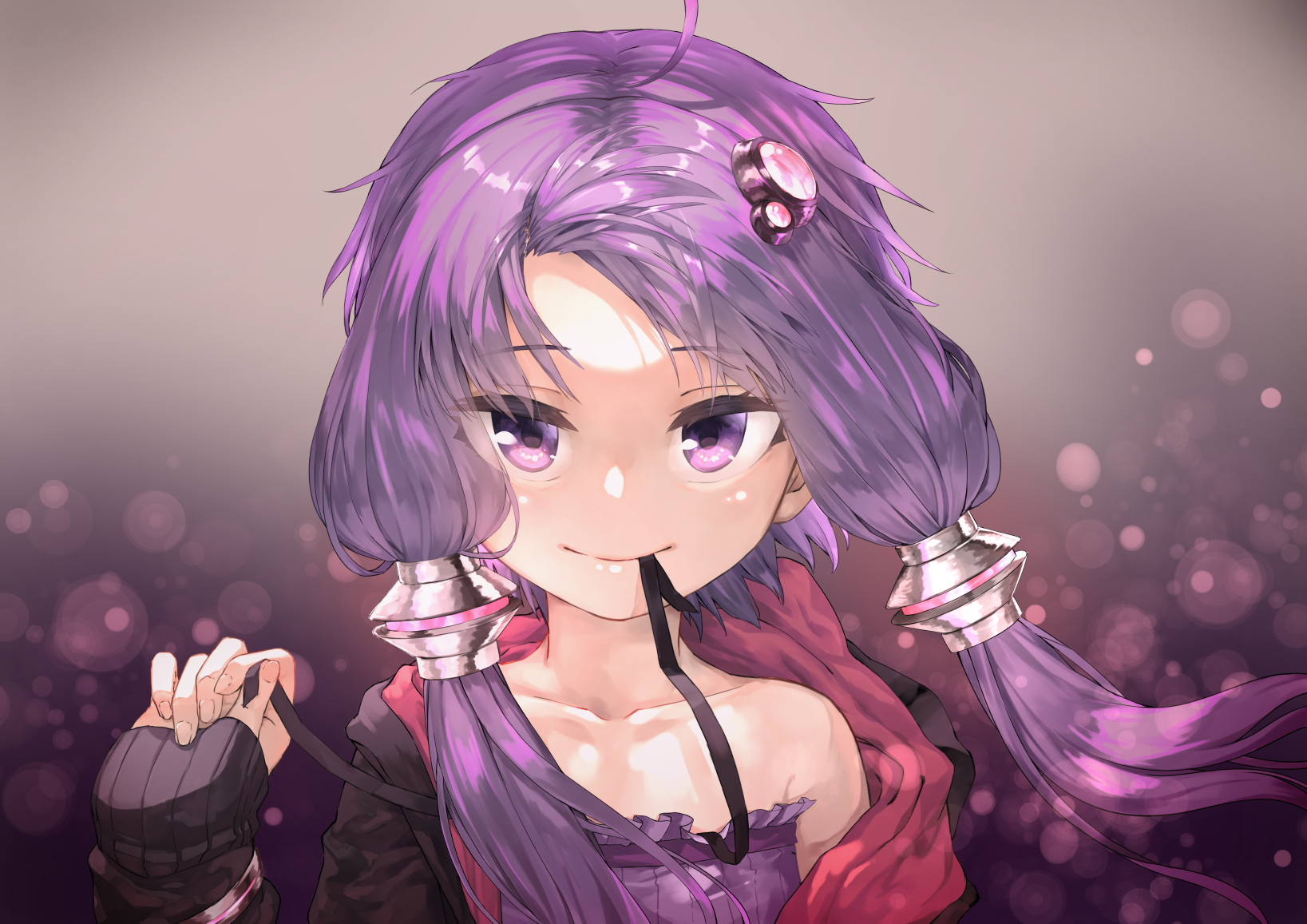 Anime 1637x1157 Voiceroid Yuzuki Yukari hoods long hair purple eyes purple hair twintails anime girls