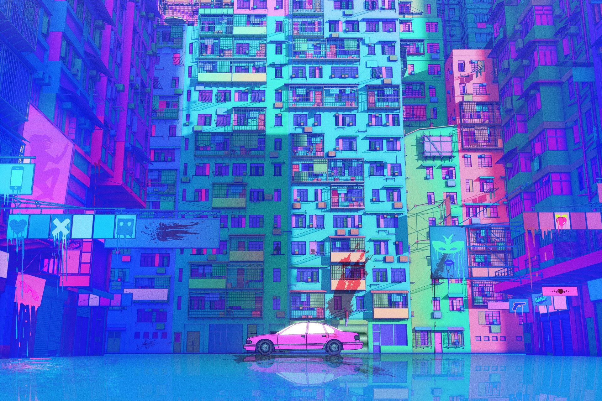 General 1920x1280 artwork car vehicle building city cityscape cyan Love, Death & Robots pastel pink neon pink cars reflection