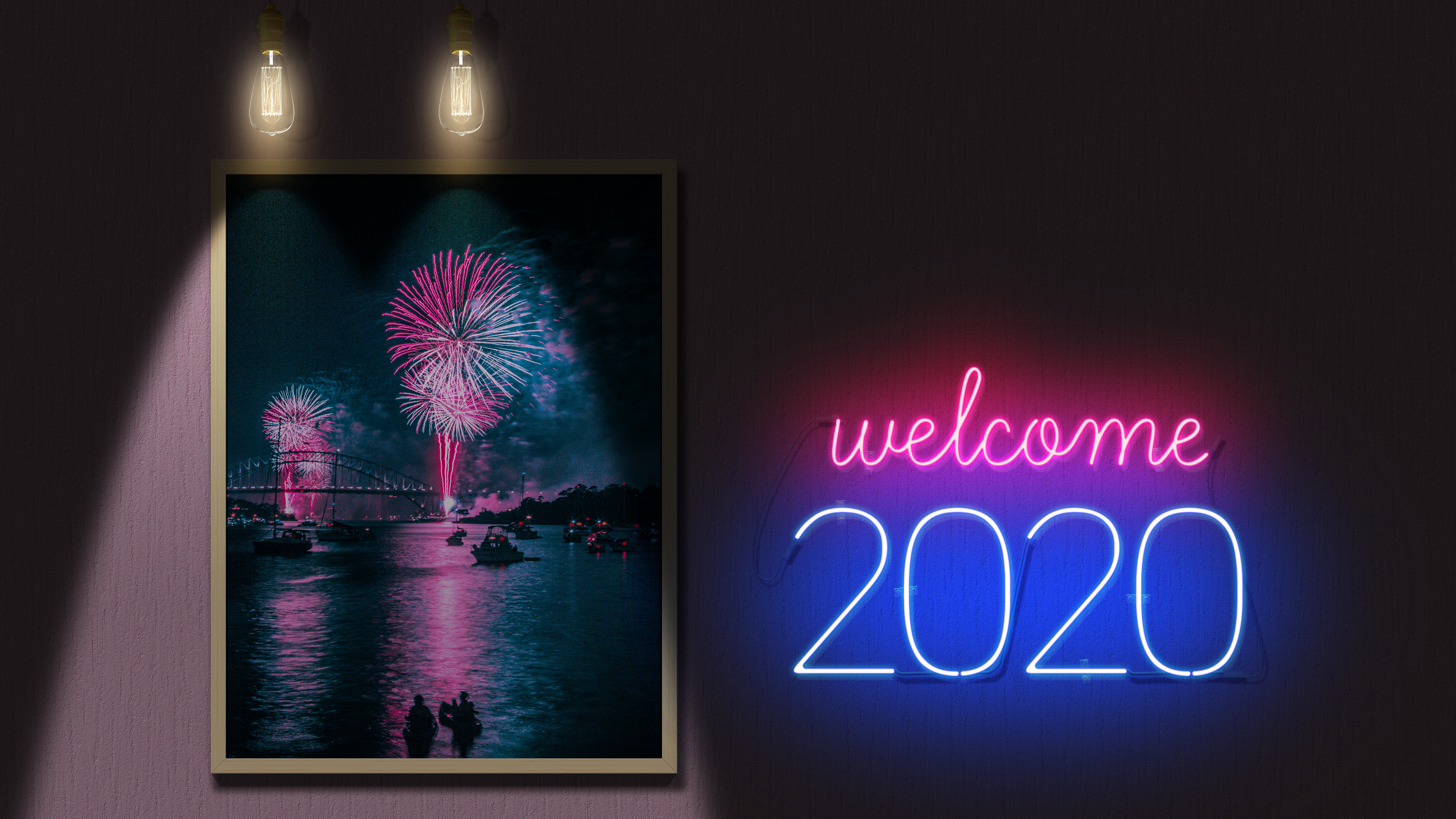 General 3840x2160 neon fireworks New Year holiday