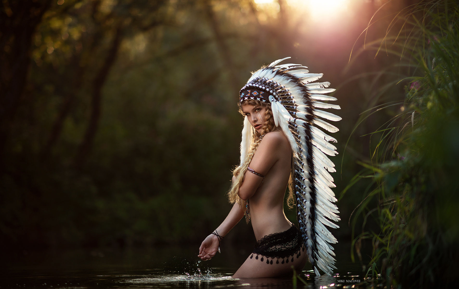 People 1906x1200 women braids long hair Native American clothing feathers topless armlet bracelets holding boobs swamp face paint sacrilege headdress women outdoors Miki Macovei watermarked