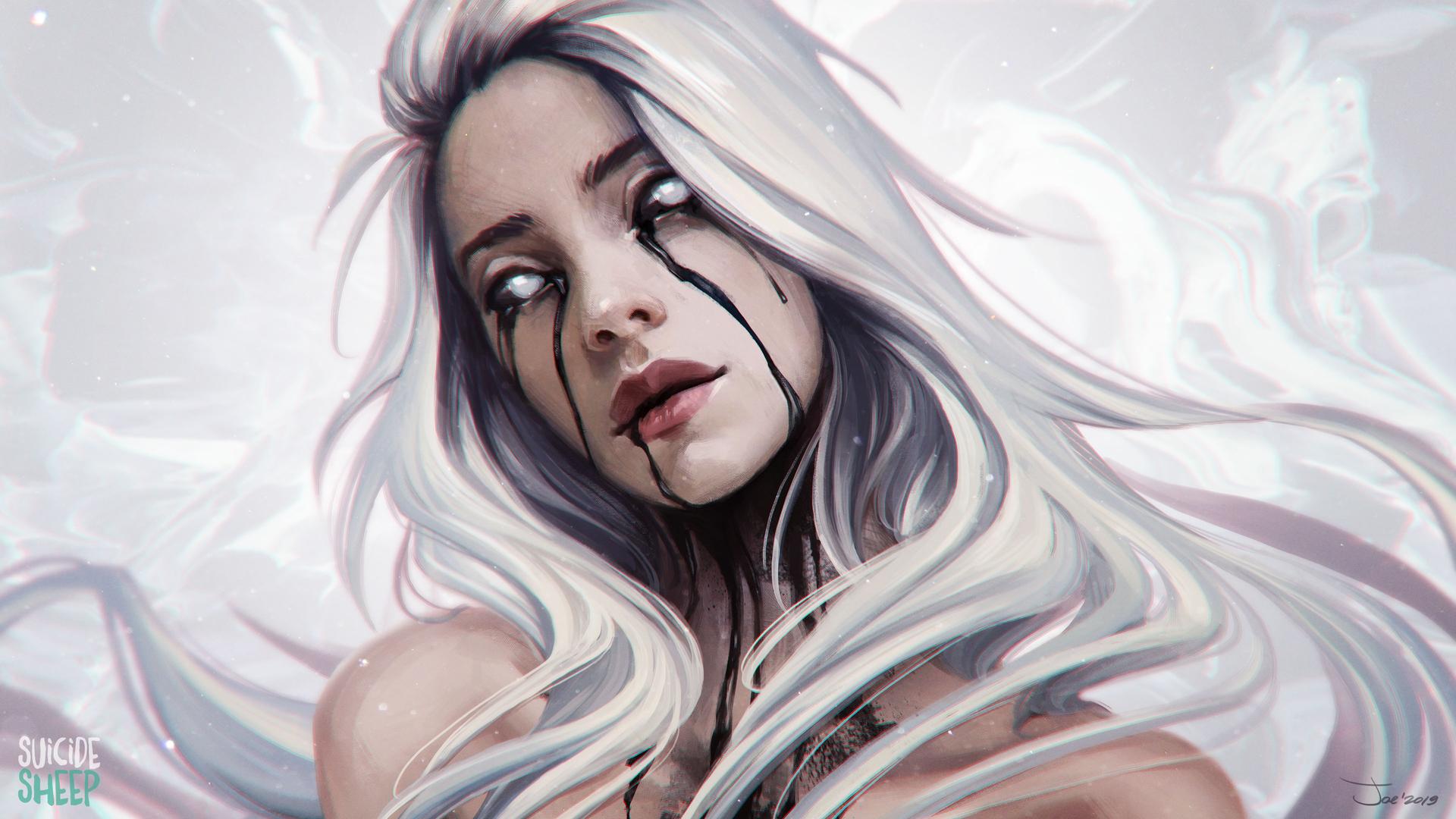 General 1920x1080 artwork fantasy art fantasy girl women white hair white eyes Suicide Sheep Billie Eilish