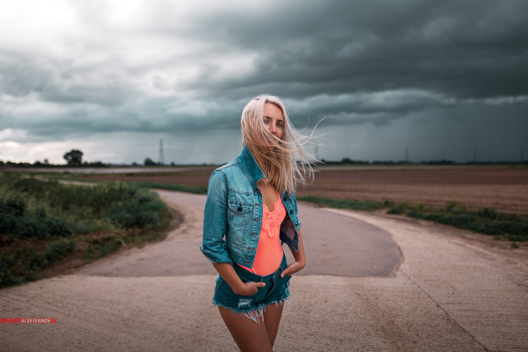 People 2048x1365 women blonde jean shorts cleavage road women outdoors denim hair in face windy hands in pockets hair blowing in the wind denim jacket short shorts tanned standing Alexander Ivanov Daisy Dukes