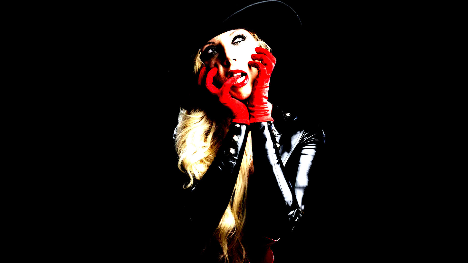 People 1920x1080 Maria Brink In This Moment (Band) red lipstick simple background women gloves
