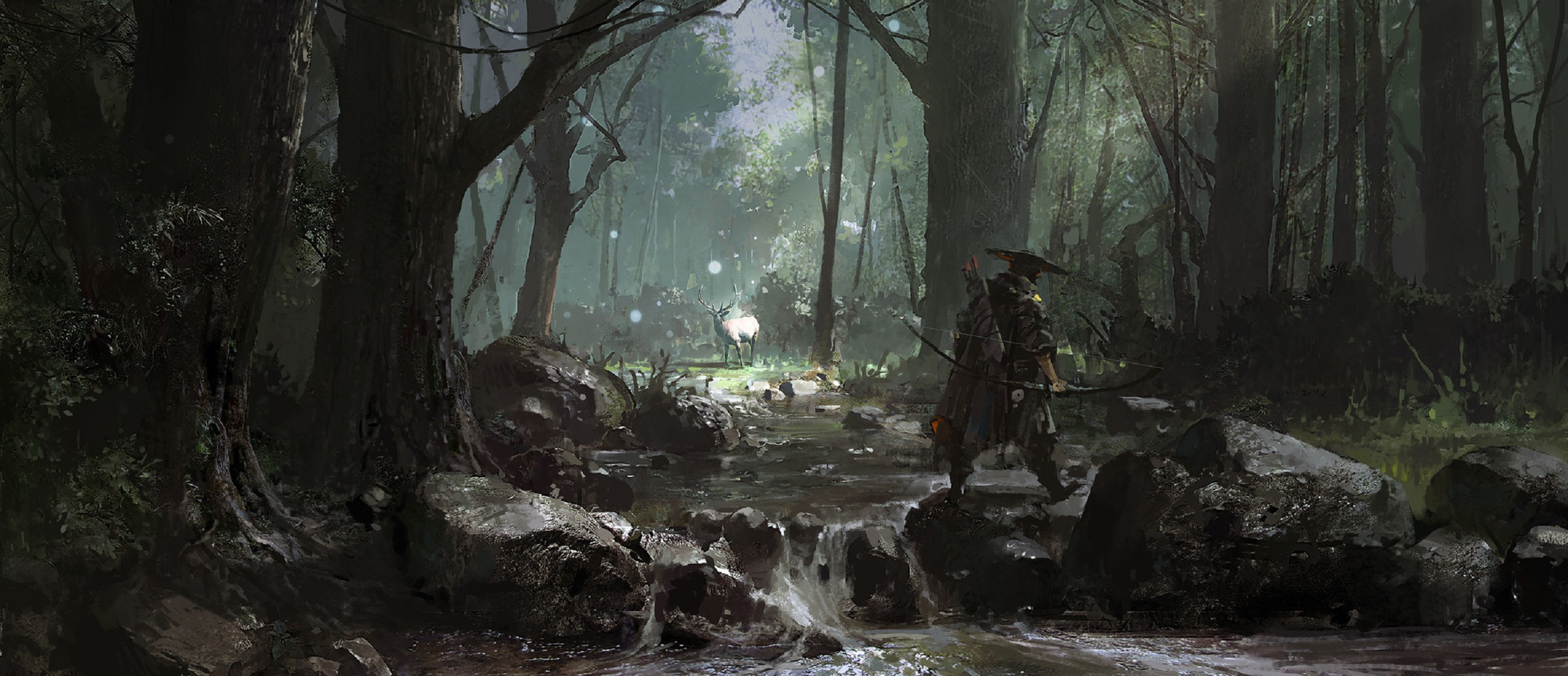General 2504x1080 digital art hunter warrior landscape arc river forest fantasy art deer su jian