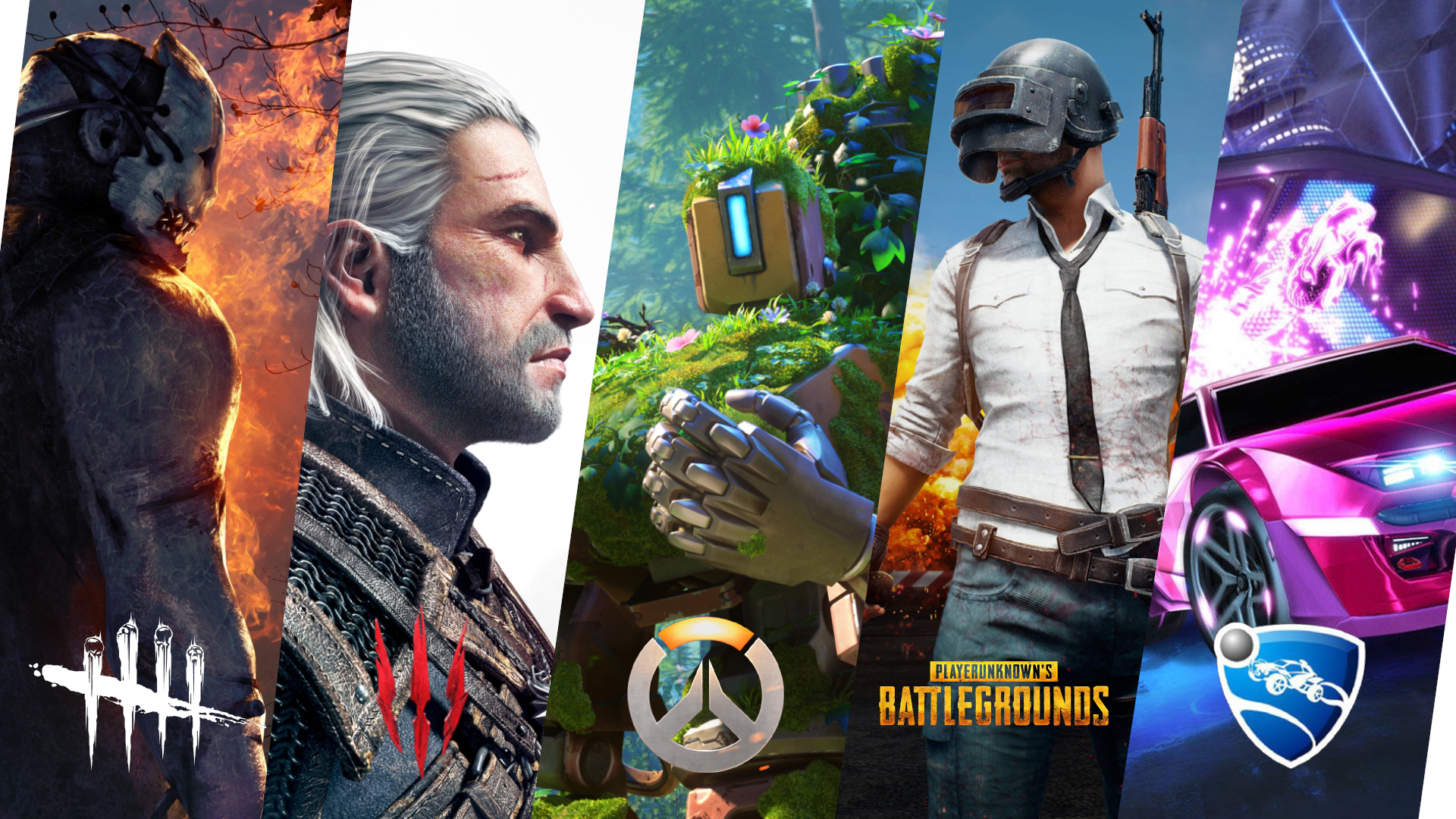 General 1920x1080 video game art collage video games The Witcher 3: Wild Hunt PUBG Rocket League Overwatch Dead by Daylight