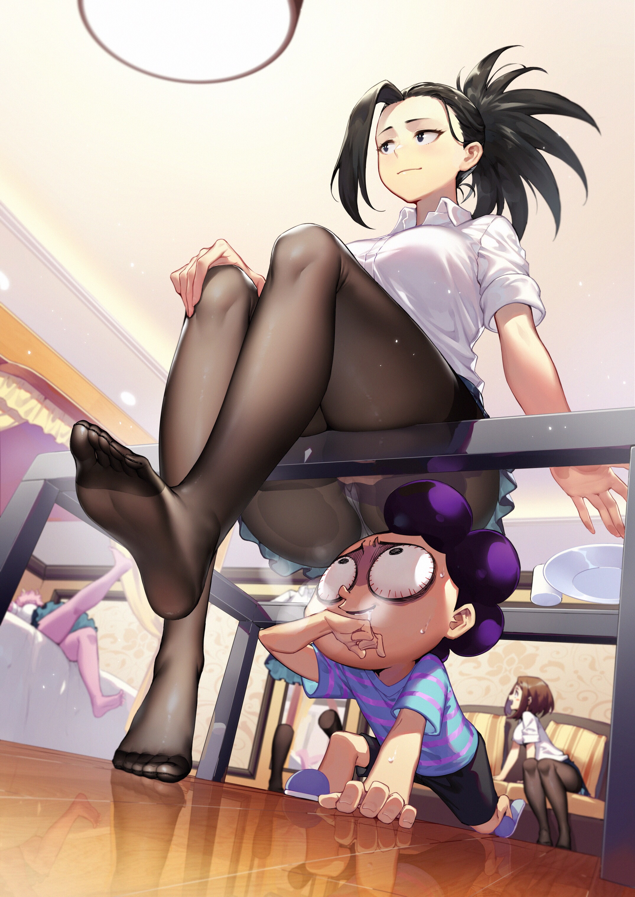 Anime 2150x3035 barefoot black pantyhose low-angle anime anime girls feet dark hair women indoors smiling 2D JK school uniform Mineta Minoru peeking