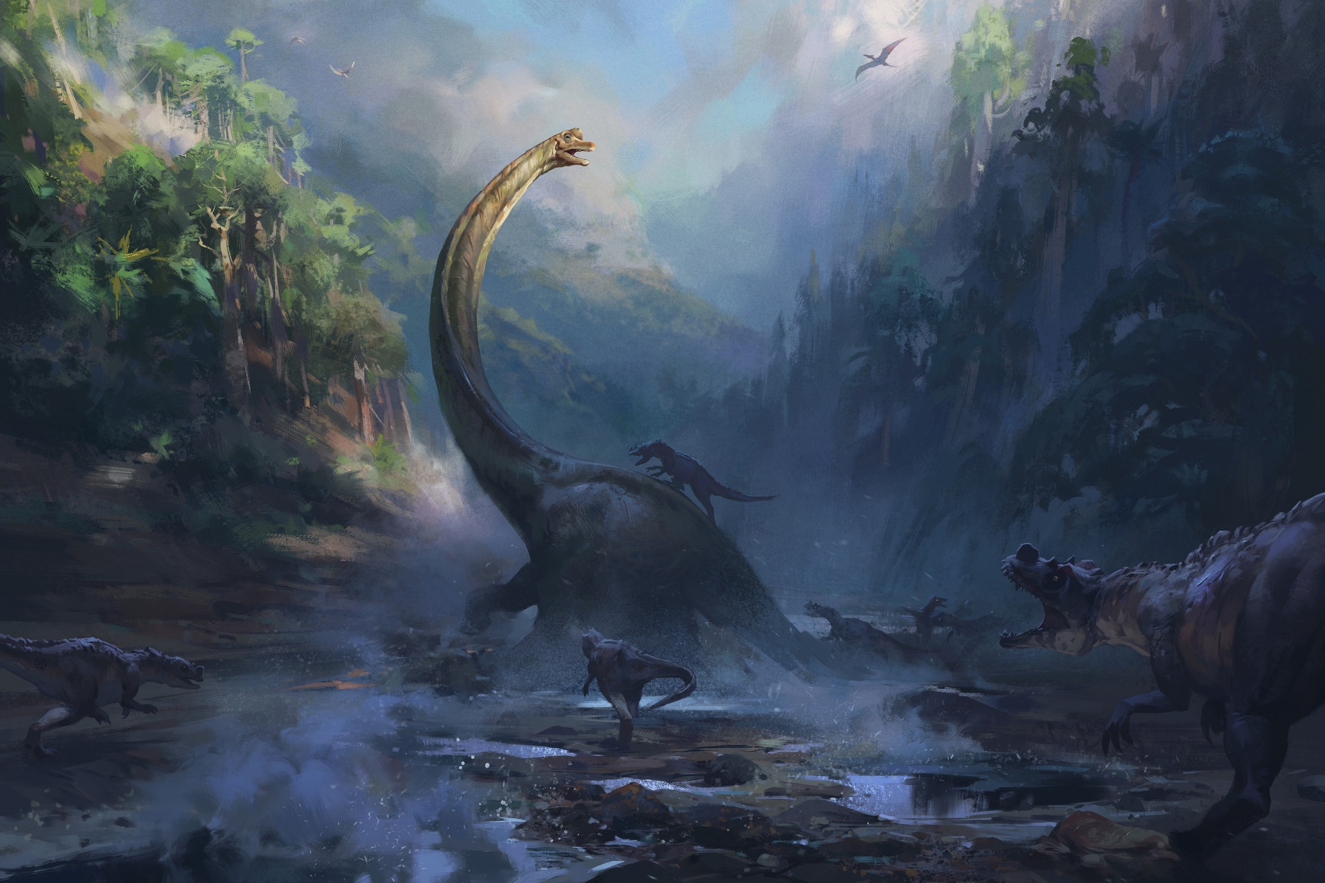 General 1920x1280 Nikolai Litvinenko artwork dinosaurs digital art Tyrannosaurus rex Brachiosaurus nature Pterodactyl