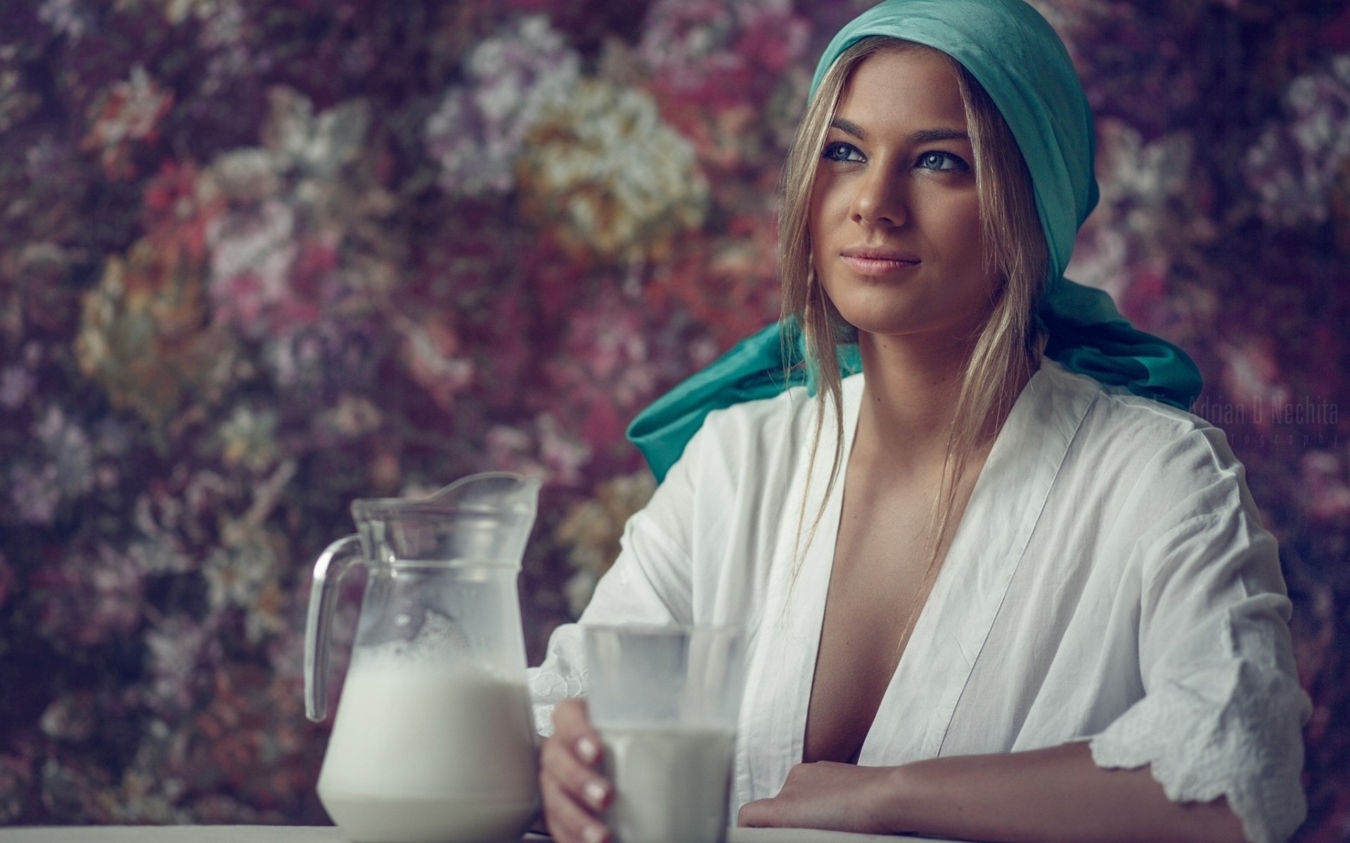 People 1920x1200 women model blonde long hair looking into the distance jars milk drinking glass blouses cleavage white shirt