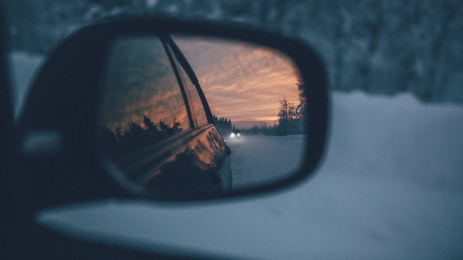 General 1920x1080 photography sunset clouds evening trees rearview mirror reflection car snow winter depth of field pine trees forest