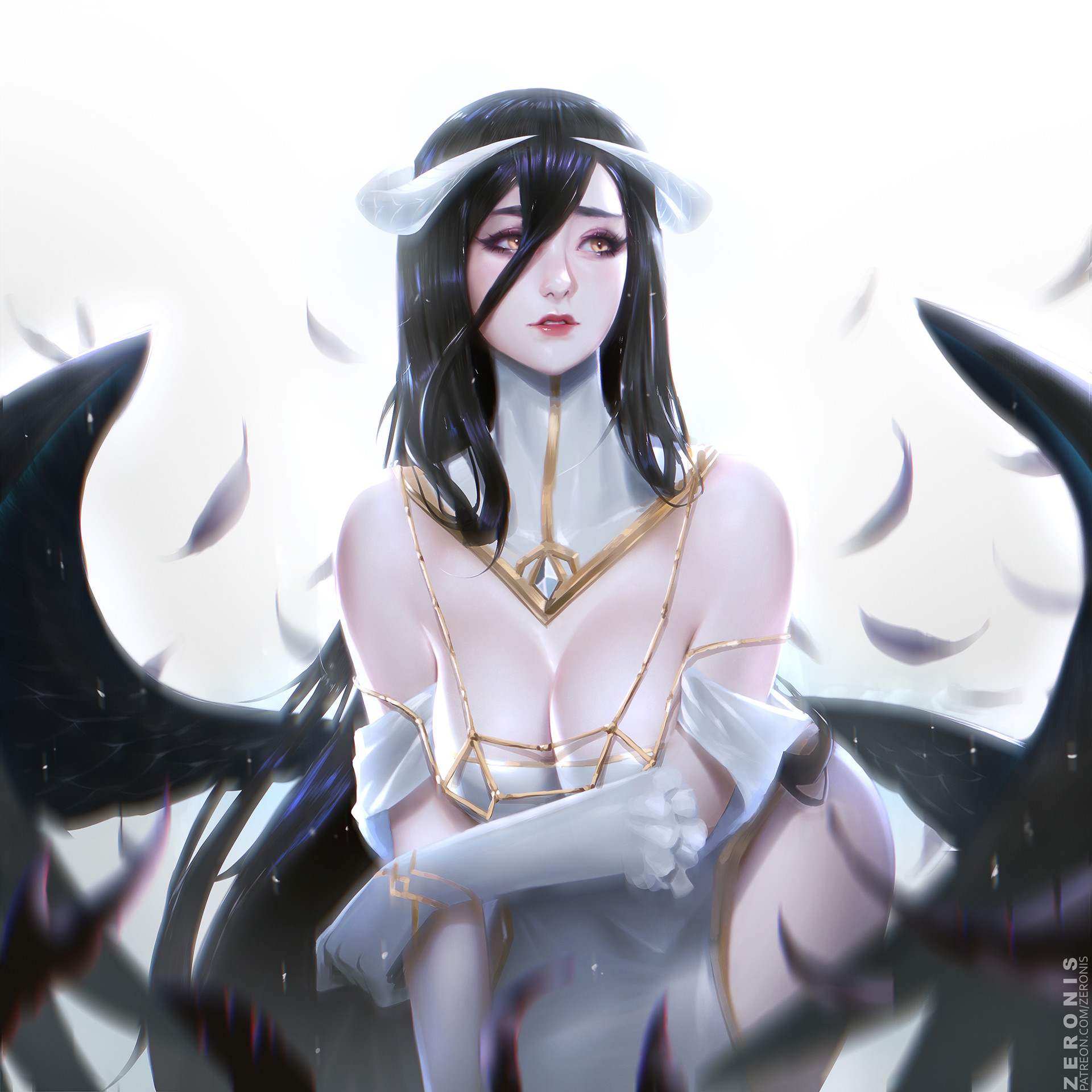 Anime 1920x1920 anime girls Albedo (OverLord) Zeronis horns big boobs black hair succubus cleavage wings Overlord (anime)