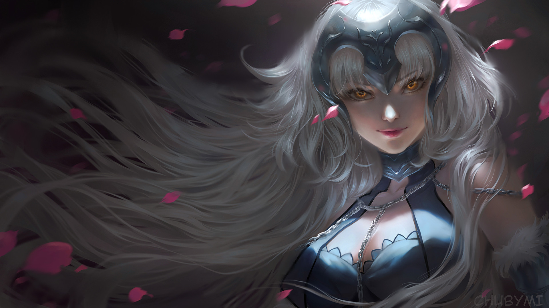 Anime 1920x1080 chuby mi Fate series Fate/Grand Order Jeanne (Alter) (Fate/Grand Order) anime girls simple background long hair white hair bangs looking at viewer yellow eyes smiling chains cleavage Jeanne d'Arc (Fate)
