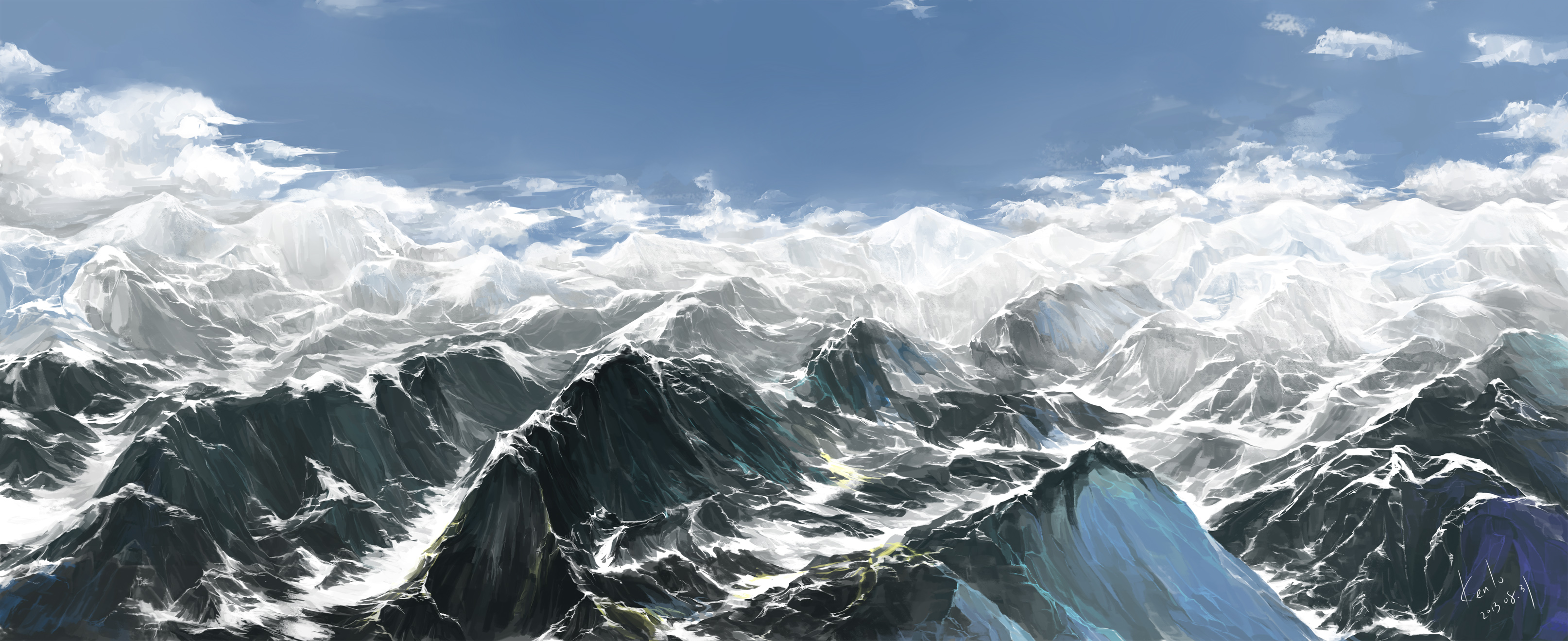 General 3227x1319 mountains sky clouds drawing snow painting artwork