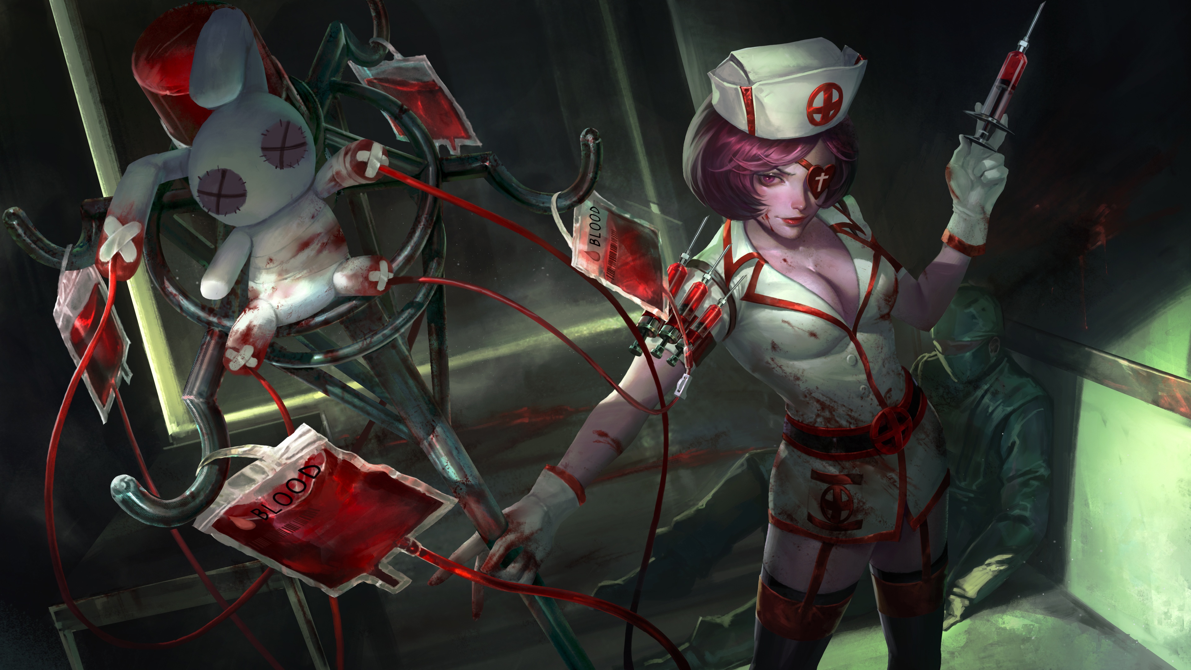General 3840x2160 artwork blood IV bag Blood bag high angle nurse outfit Painkiller (Heroes of Newerth) cleavage nurses eyepatches heart (design) Heroes of Newerth