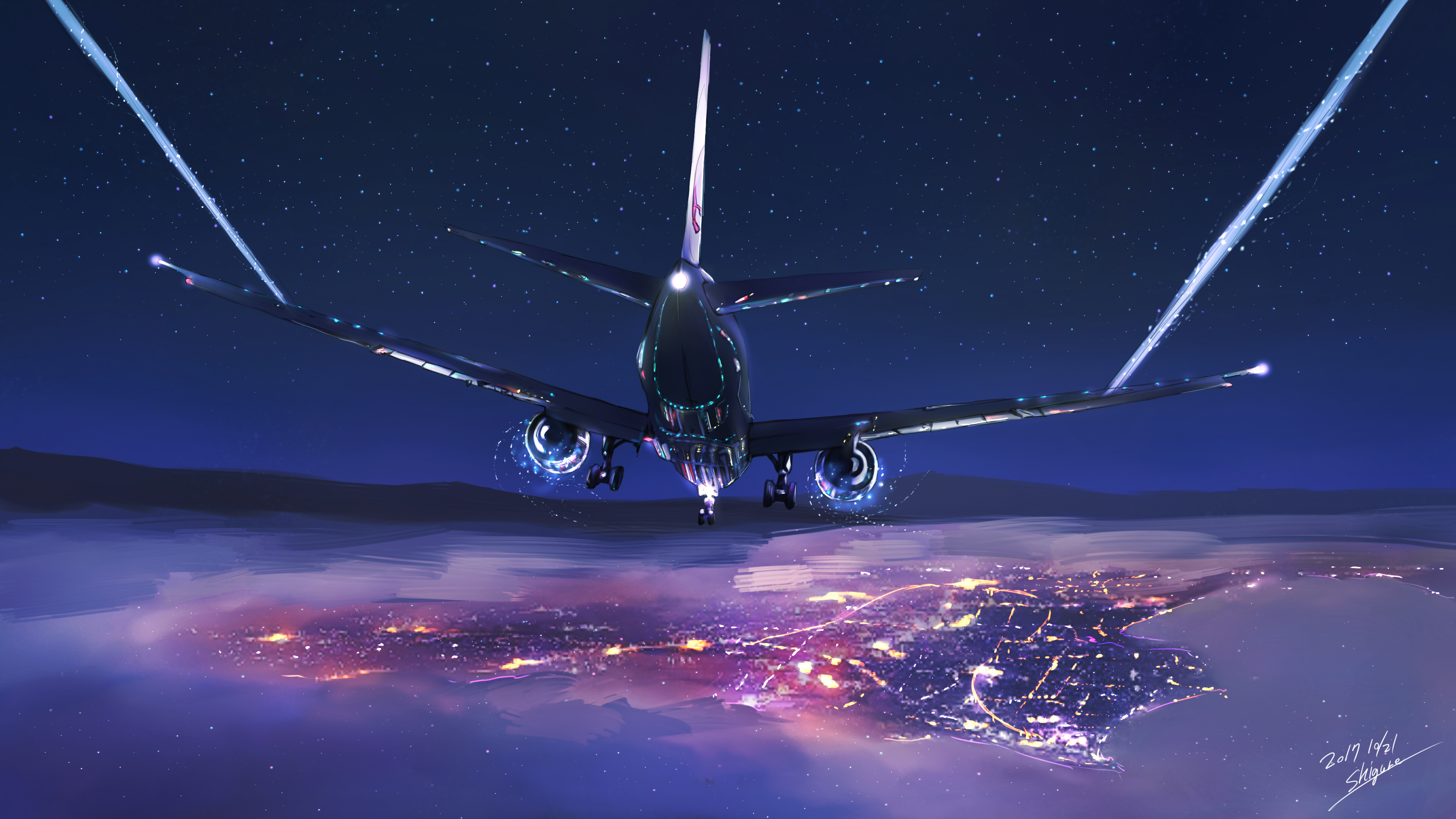 General 3840x2160 city clouds sky city lights stars night drawing digital art airplane Airbus passenger aircraft aircraft vehicle