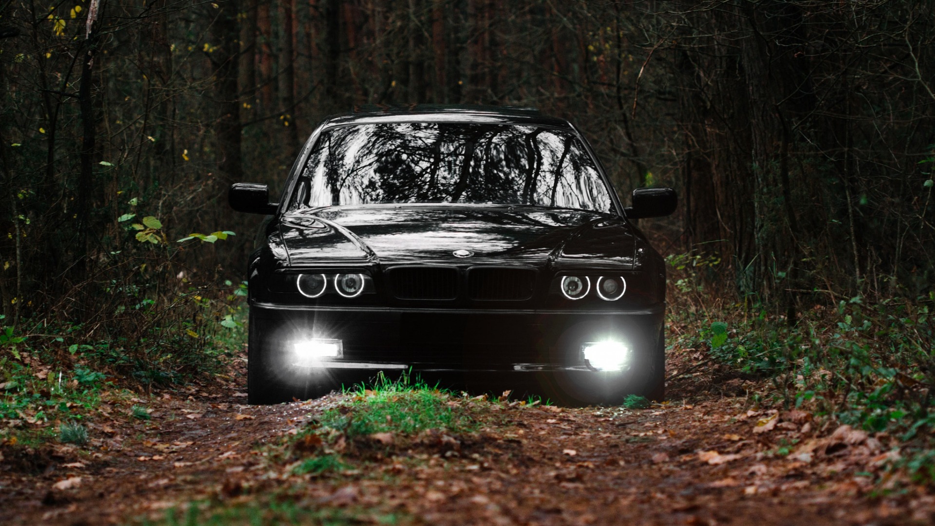 General 1920x1080 car BMW forest frontal view 7er German cars vehicle headlights black cars ground leaves trees