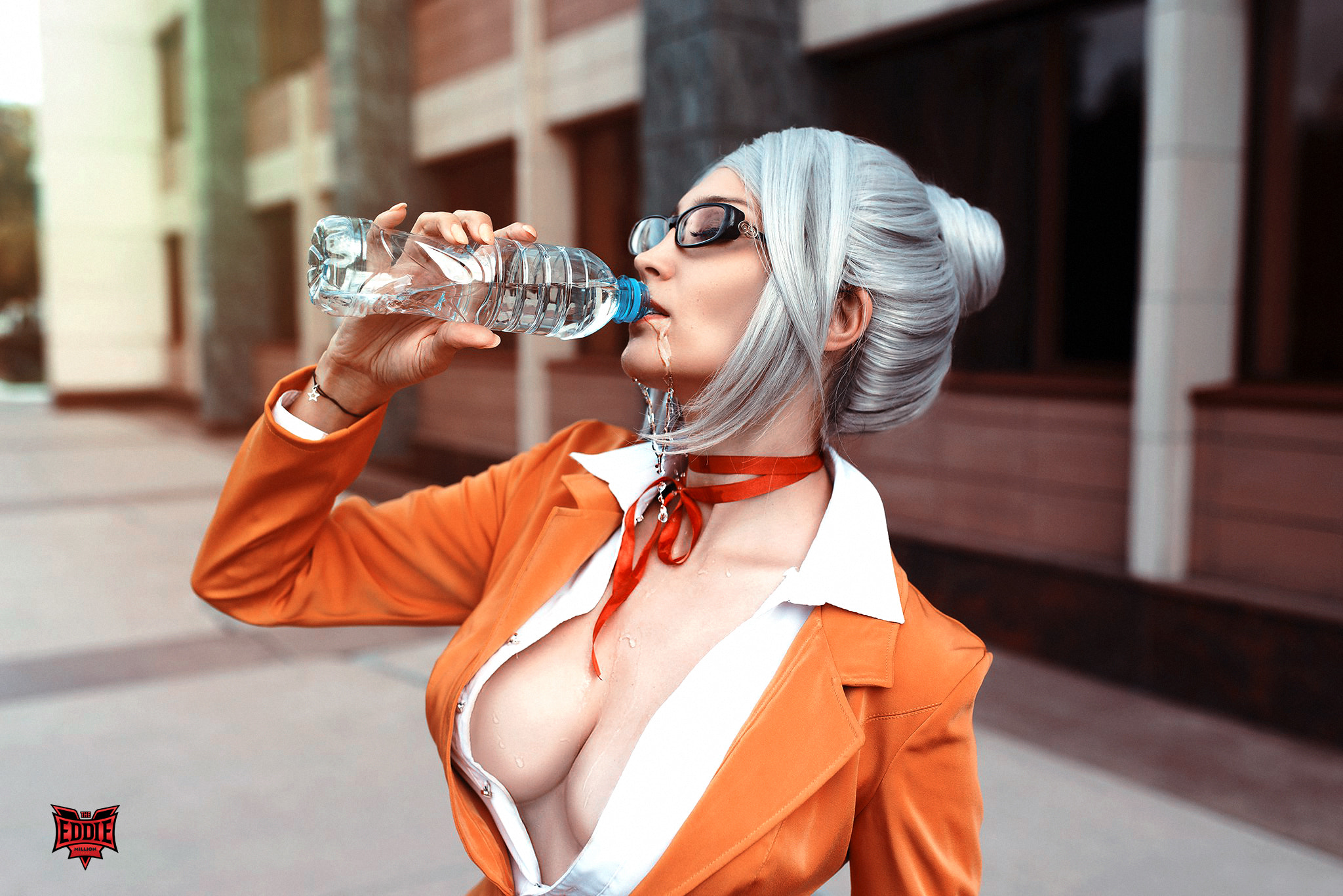 People 2048x1367 women portrait water boobs water drops bottles closed eyes women with glasses cosplay Shiraki Meiko Prison School model open clothes cleavage wet body glasses drinking problems