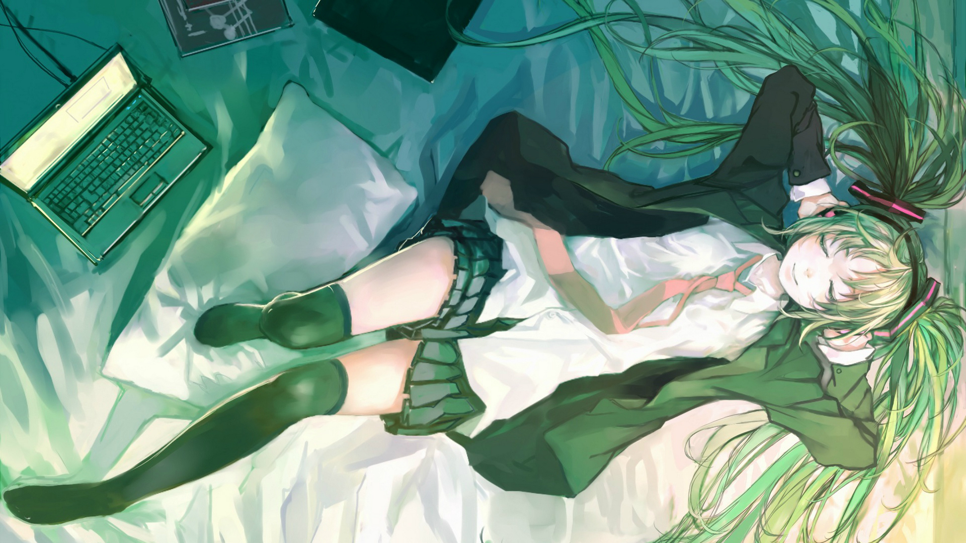 Anime 1920x1080 Hatsune Miku headphones anime anime girls twintails Vocaloid lying down lying on back closed eyes arms up laptop smiling tie green hair stockings Zrero skirt frills indoors women indoors closed mouth long sleeves long hair necktie