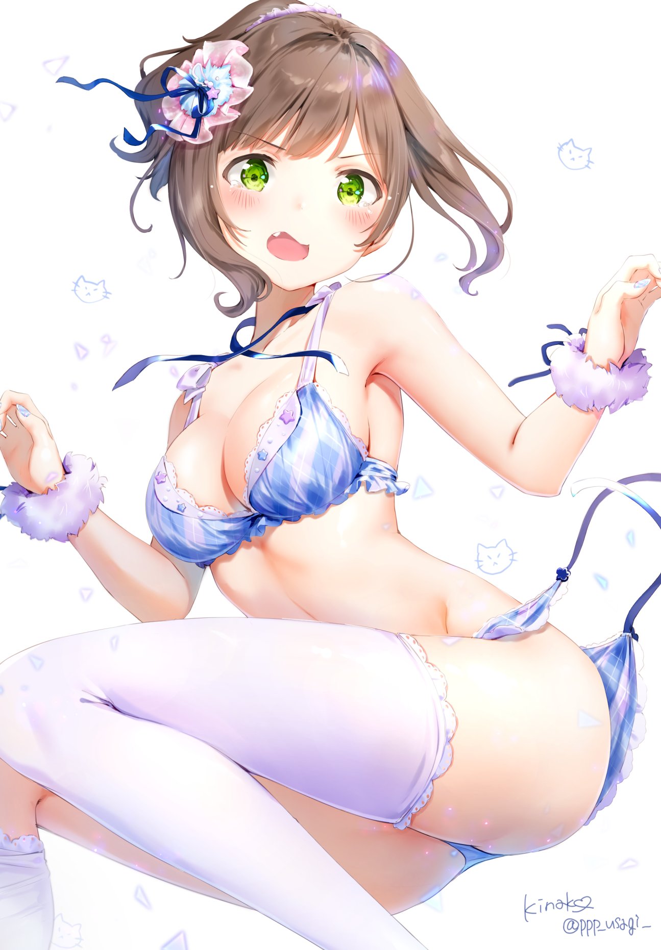 Anime 1295x1862 white background simple background blushing bikini cleavage Maekawa Miku swimwear THE iDOLM@STER THE iDOLM@STER: Cinderella Girls thigh-highs wardrobe malfunction fangs headdress boobs