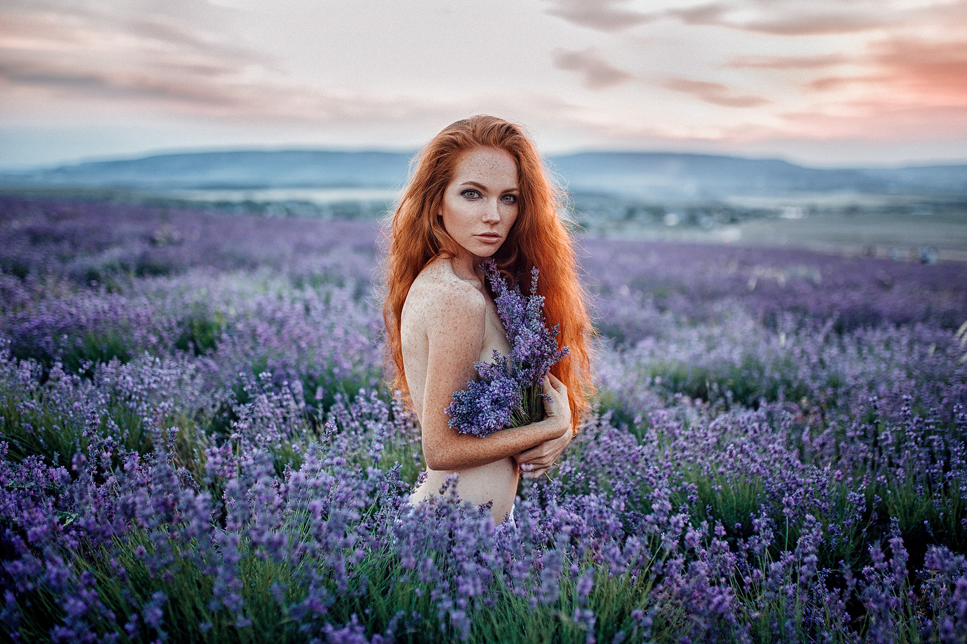 People 1920x1280 field flowers women Evgeny Freyer nature women outdoors lavender covering boobs no bra Oksana Butovskaya
