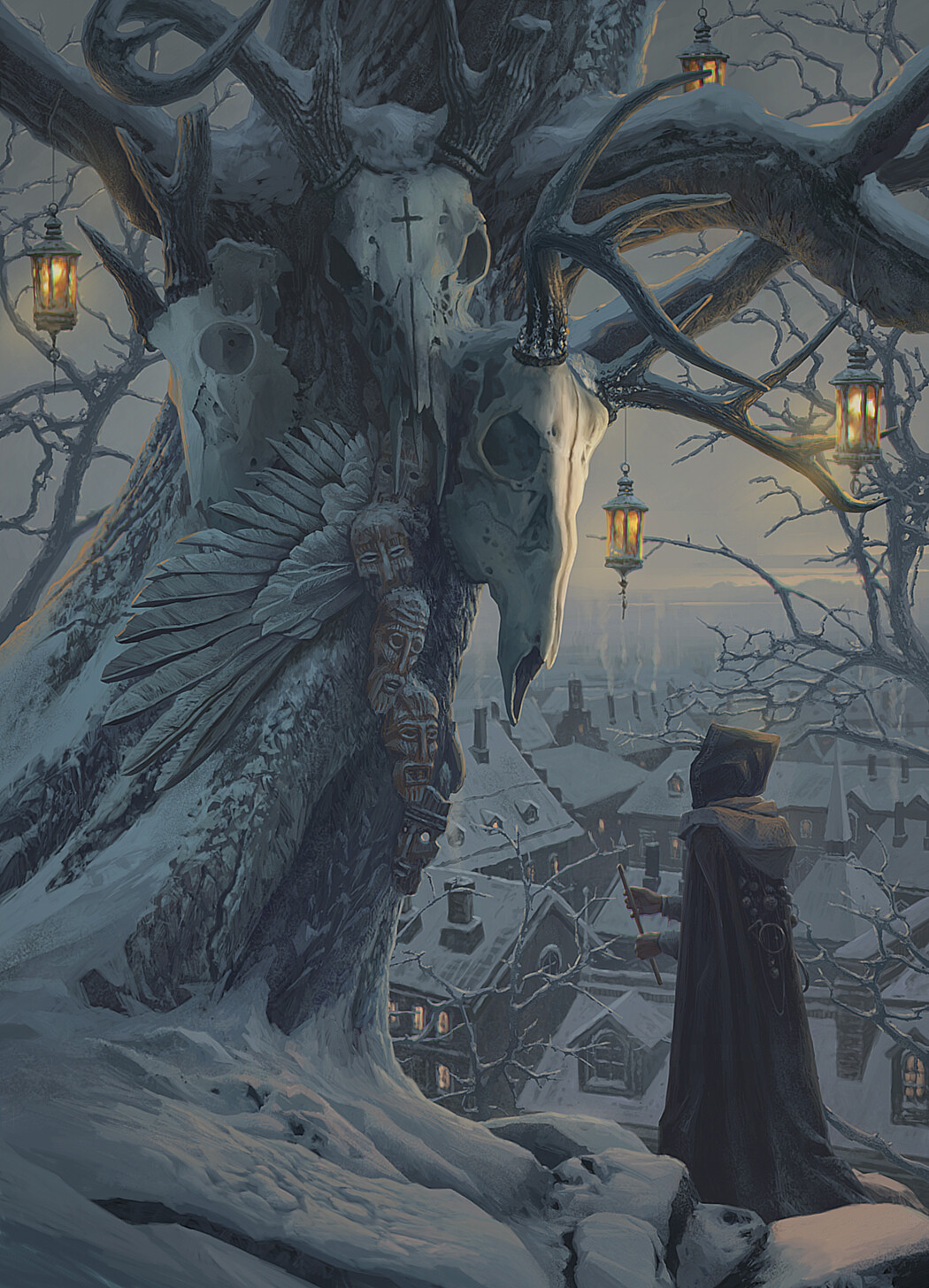 General 1050x1455 Alexey Egorov artwork ArtStation fantasy art trees skull winter ice snow cold lantern