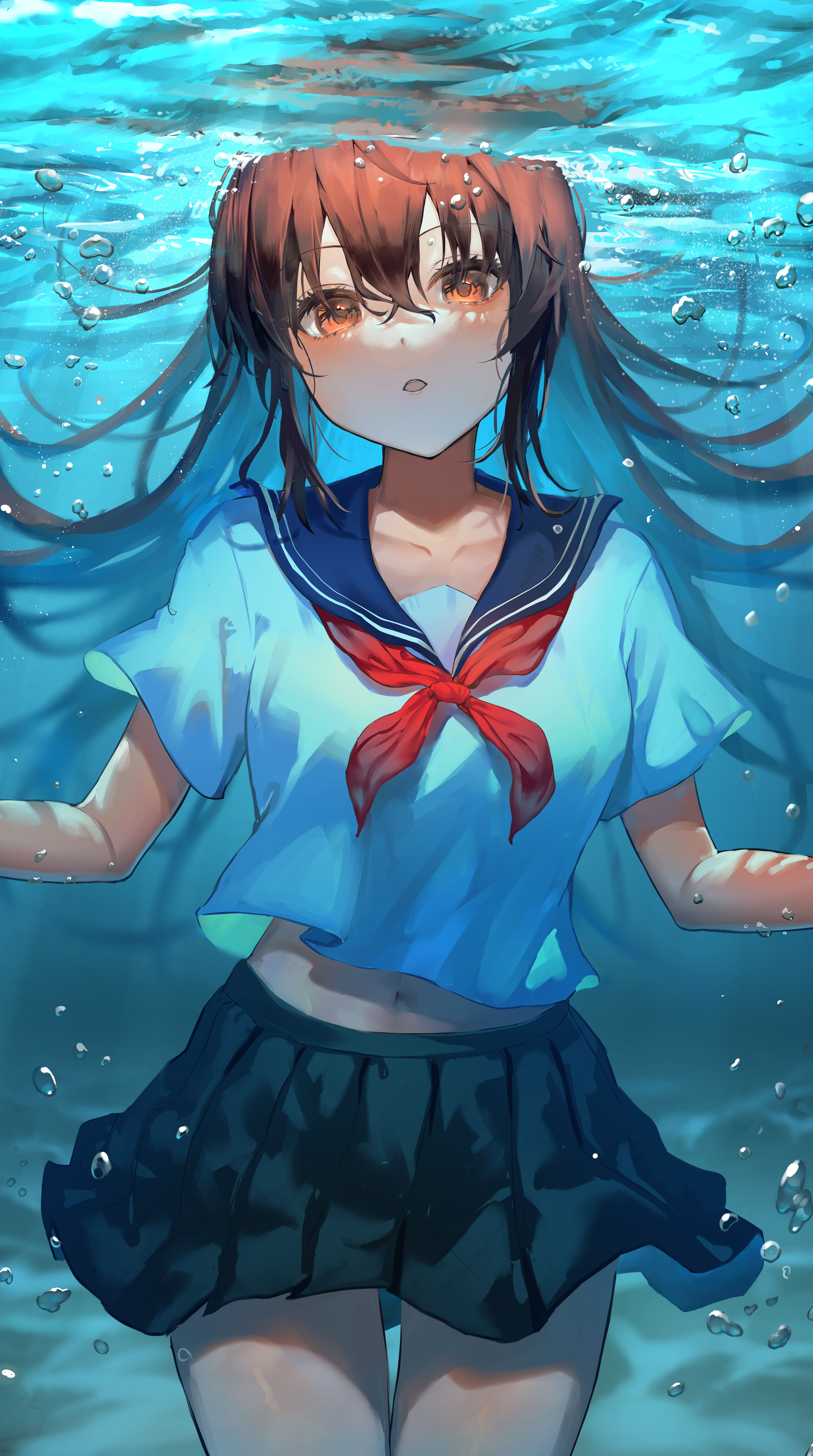 Anime 2932x5256 anime anime girls Kinoruru Toiro artwork brunette brown eyes school uniform underwater