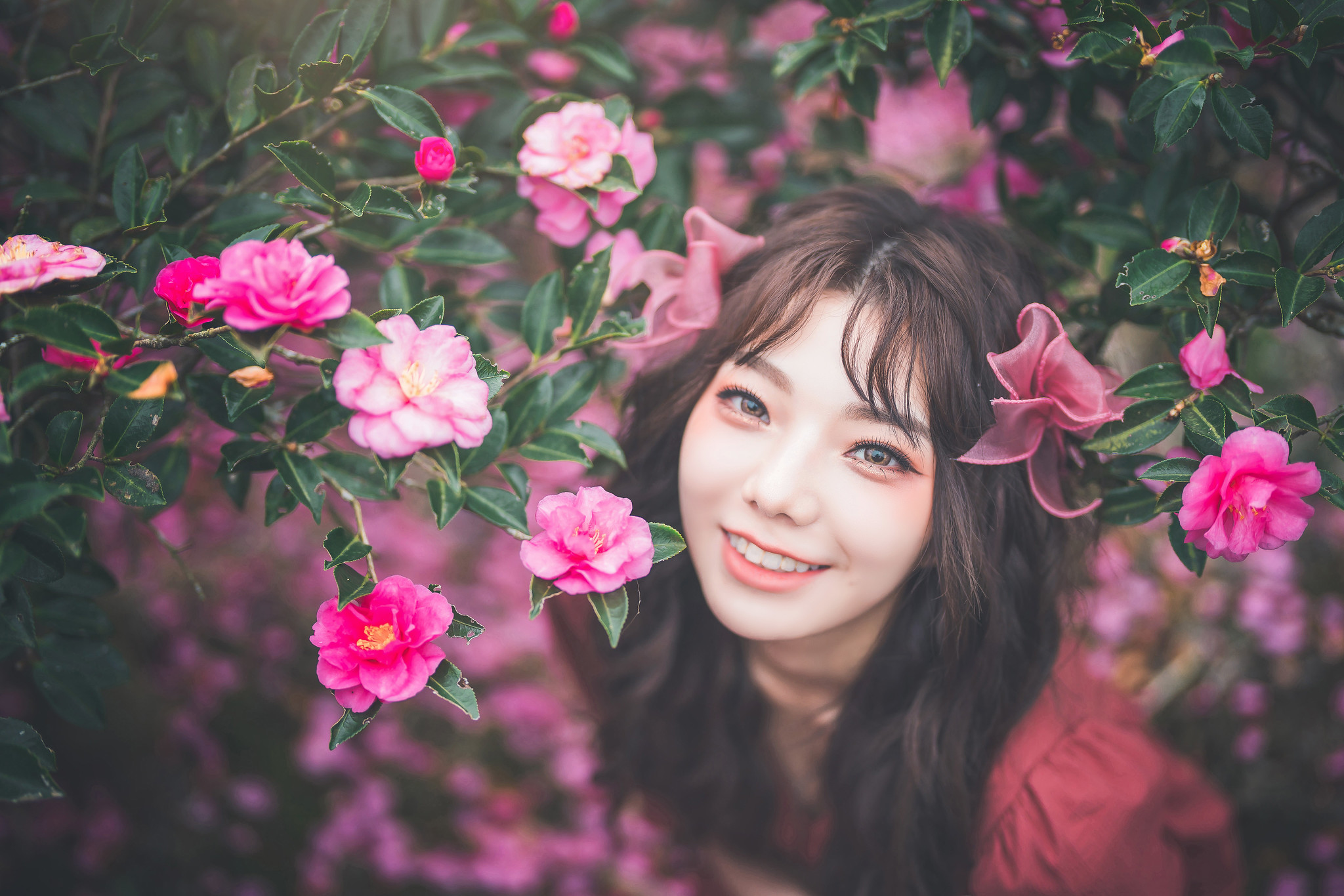 People 2048x1366 Asian women model outdoors women outdoors happy brunette flowers plants Chuchu