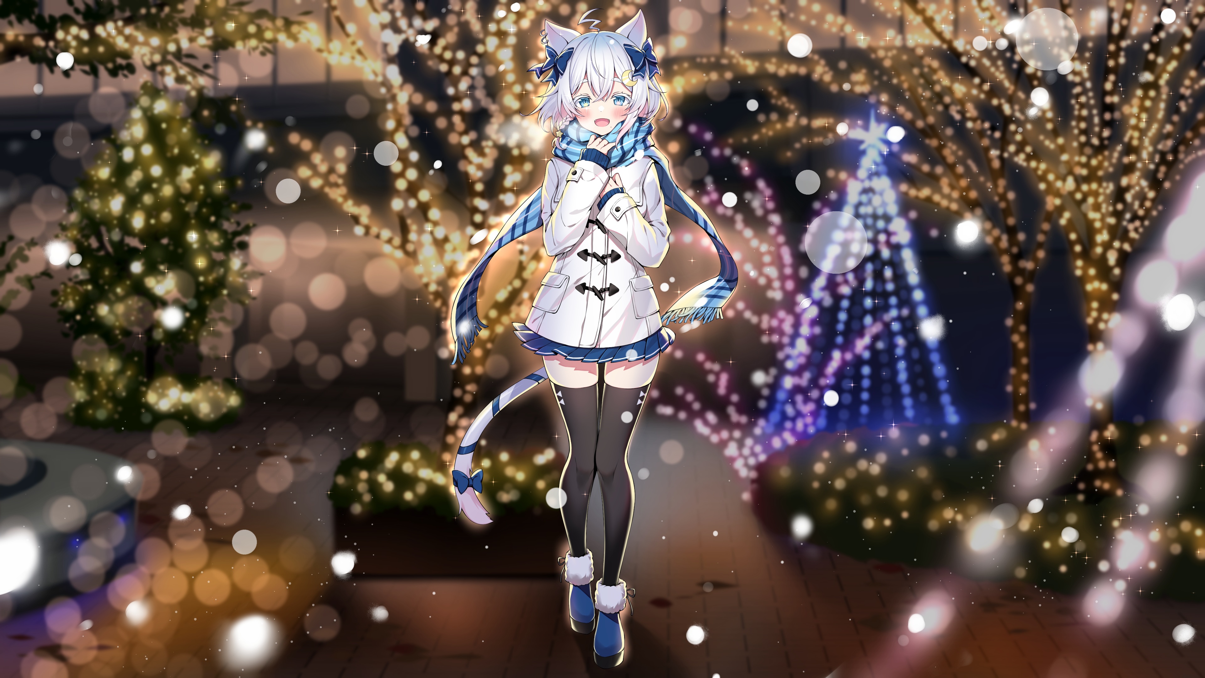 Anime 3840x2160 anime anime girls Tatejima Uri artwork Christmas cat girl thigh-highs miniskirt white hair blue eyes scarf