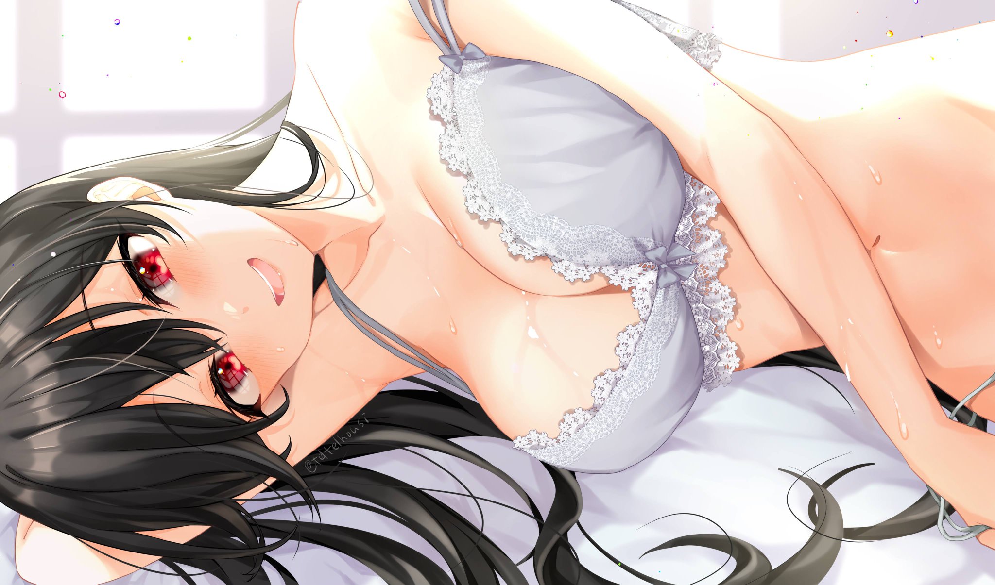 Anime 2048x1205 anime anime girls Teltelhousi artwork black hair long hair red eyes smiling in bed wet underwear cleavage big boobs